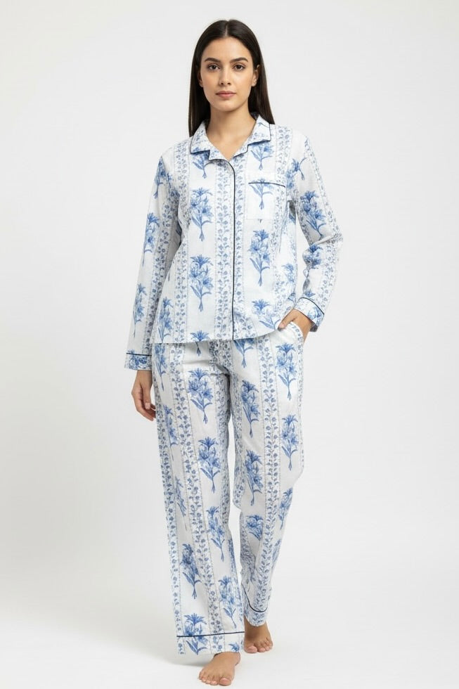 Gabriella Long Pajama Set in Blue Trellis