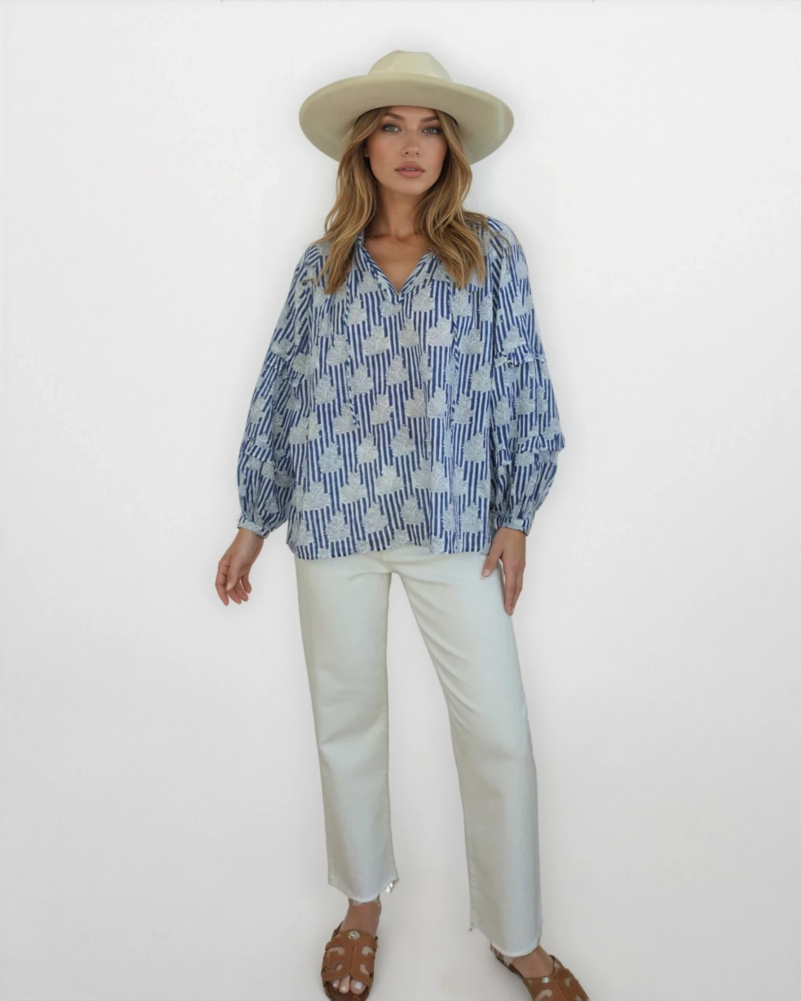 Kendra Blouse in Navy Block Stripe