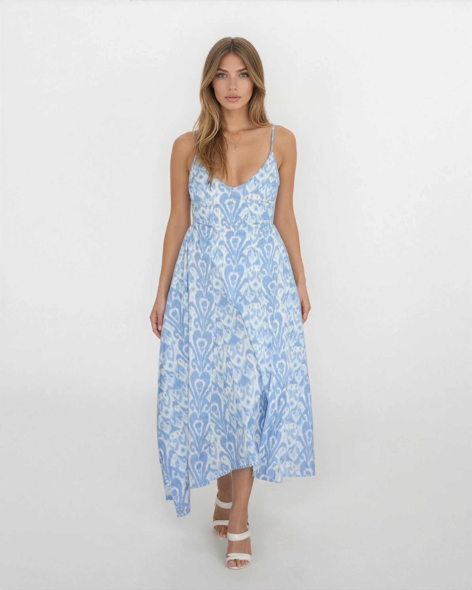 Cross Back Dress in Faded Blue Ikat