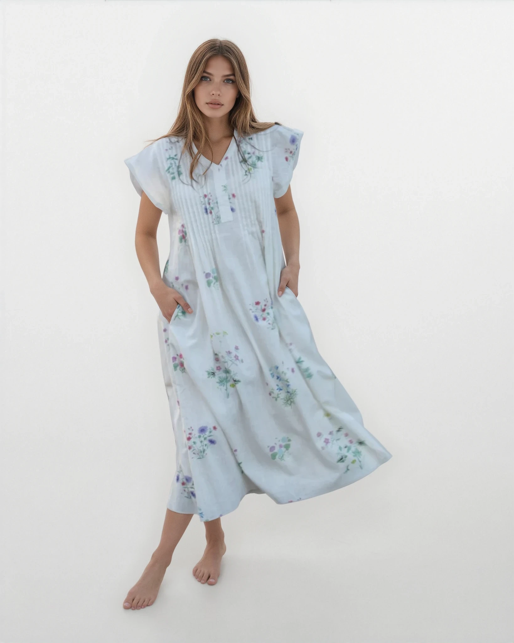 Doris Midi Dress in Cream Botanical