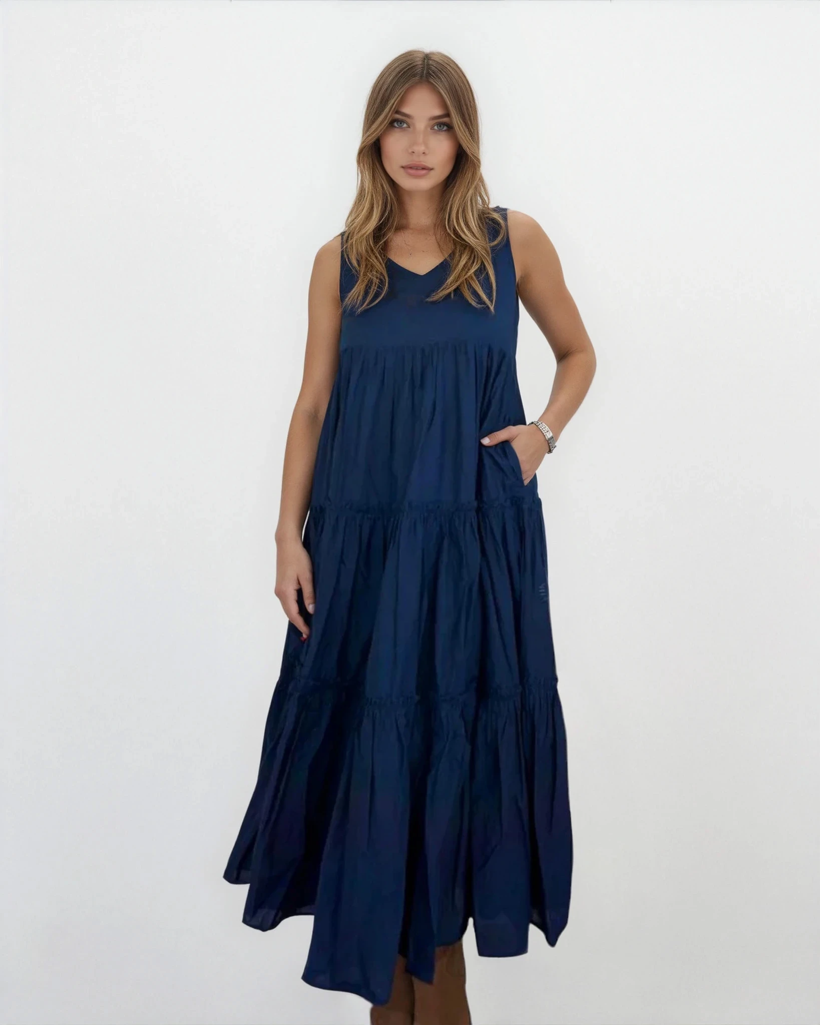Donna Tiered Maxi Dress in Navy Poplin