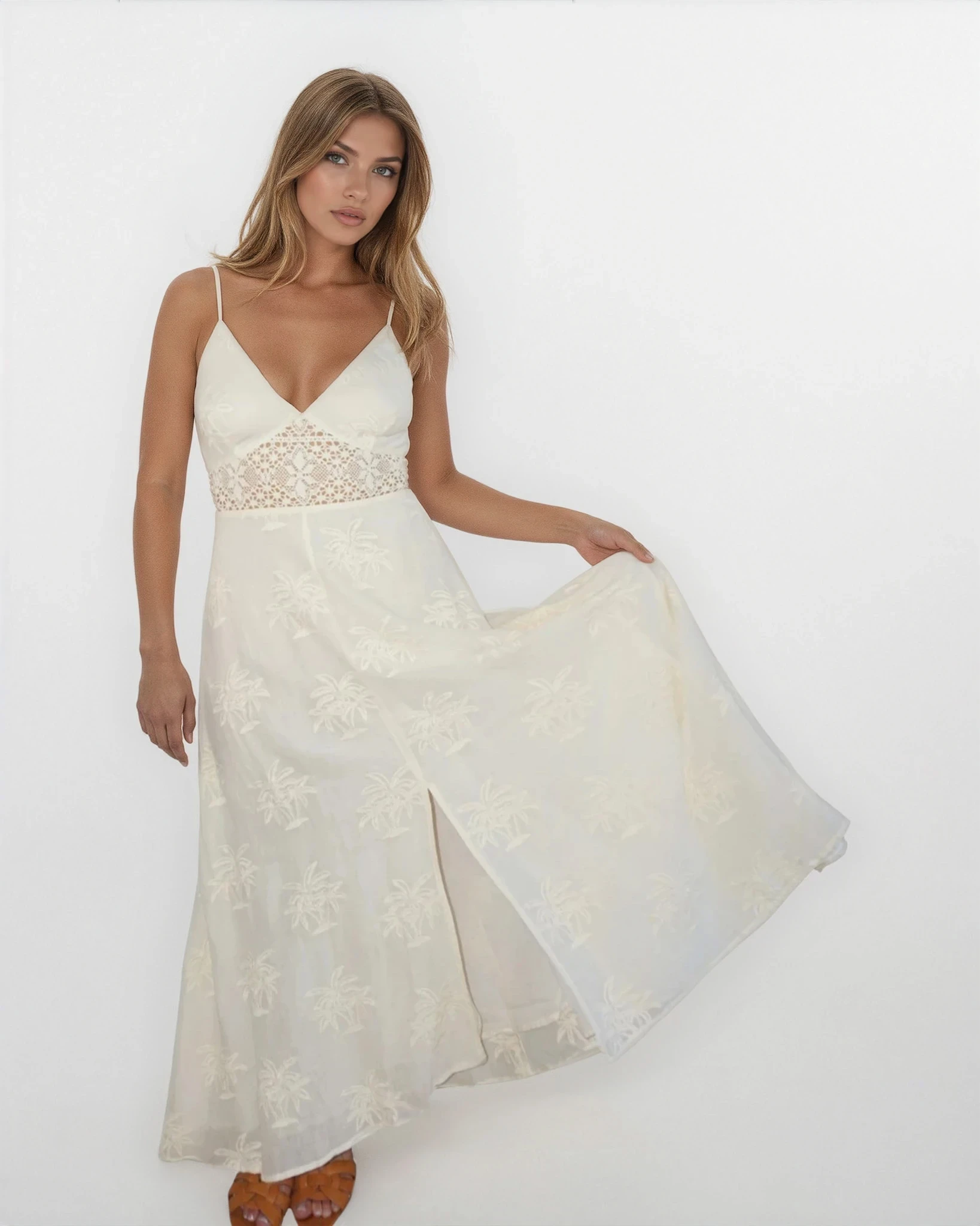 Isabella Dress in Cream Palm Embroidery