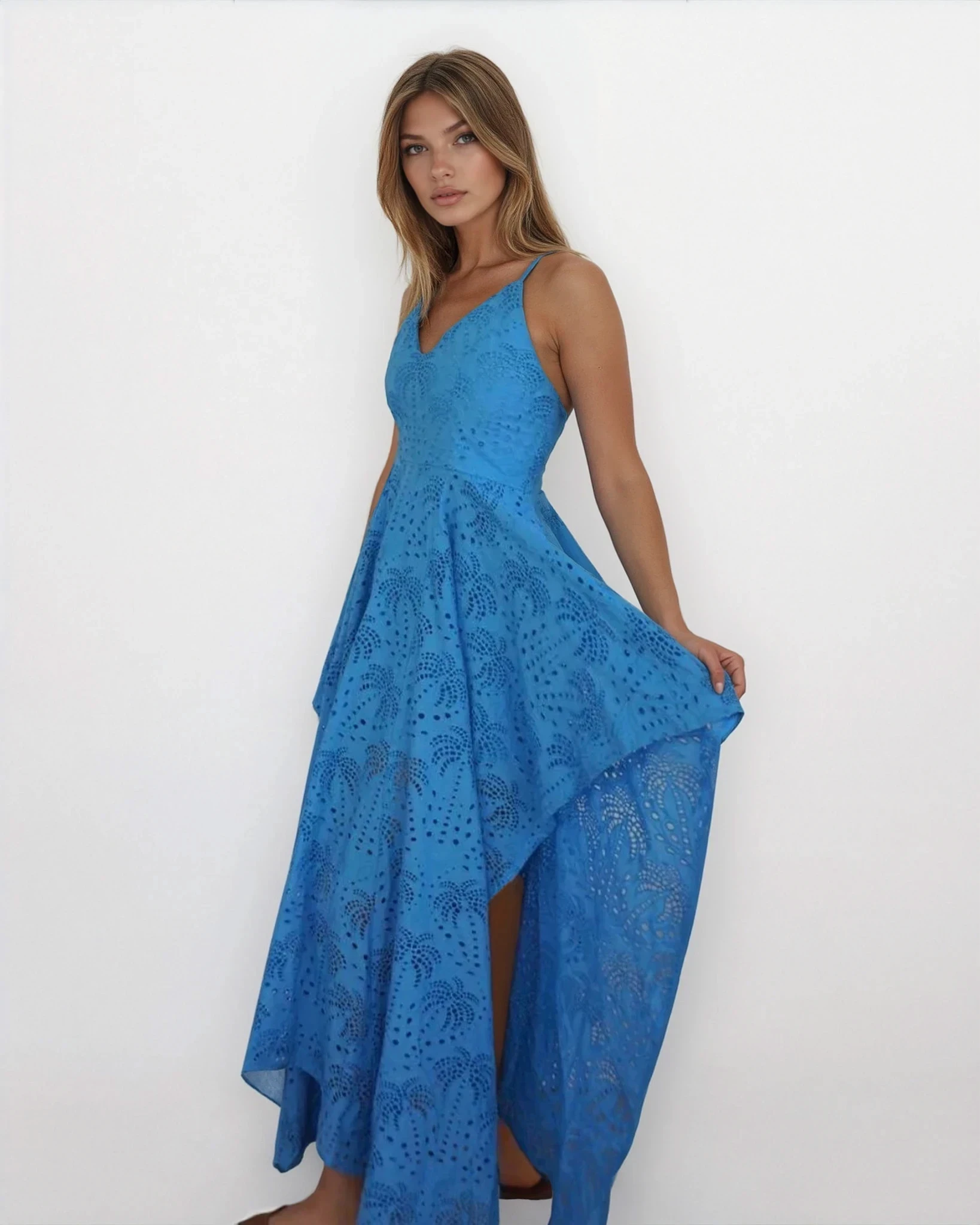 Palm Eyelet Cross Back Dress - Blue