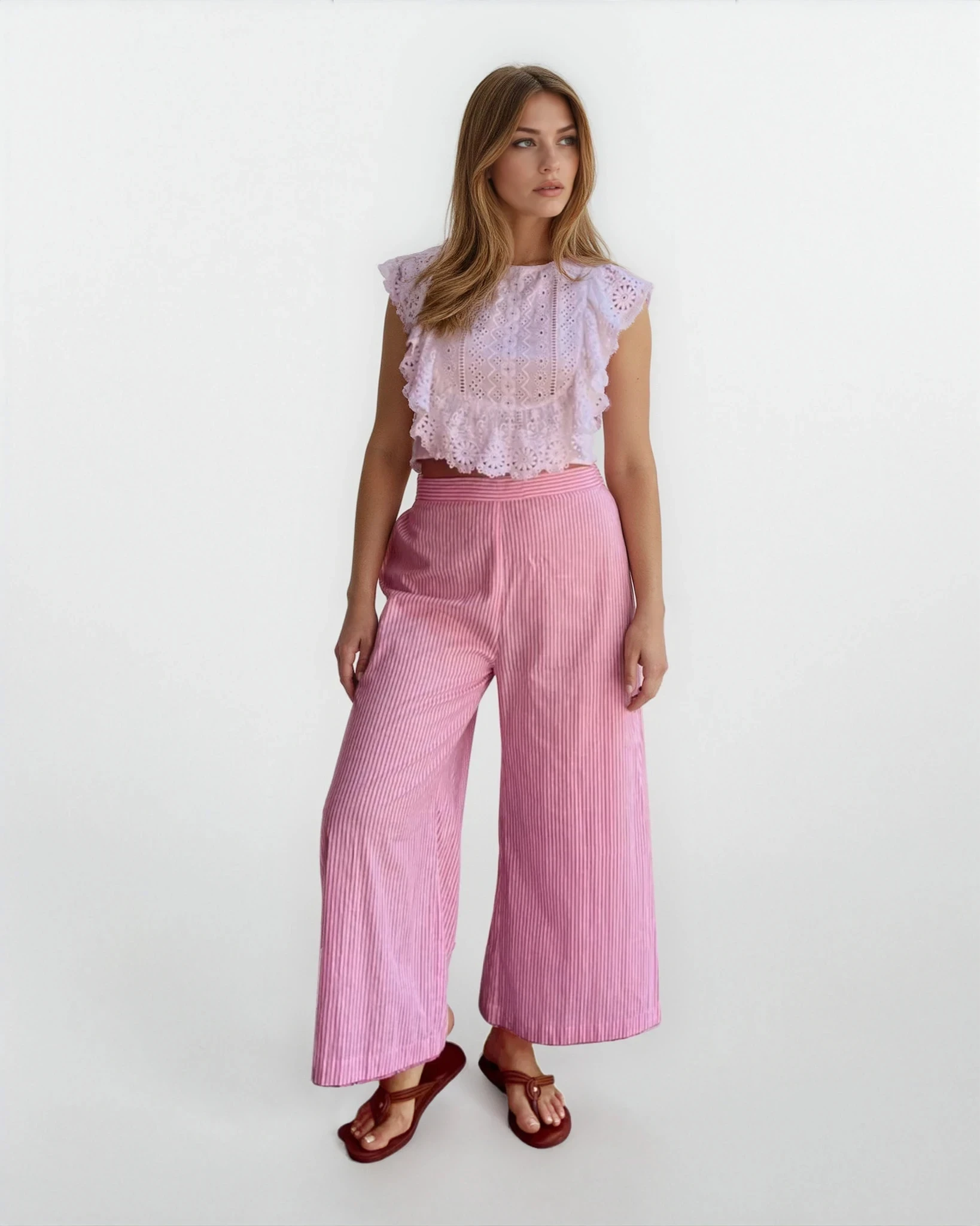 Wide Crop Beach Pant - Pink Stripe