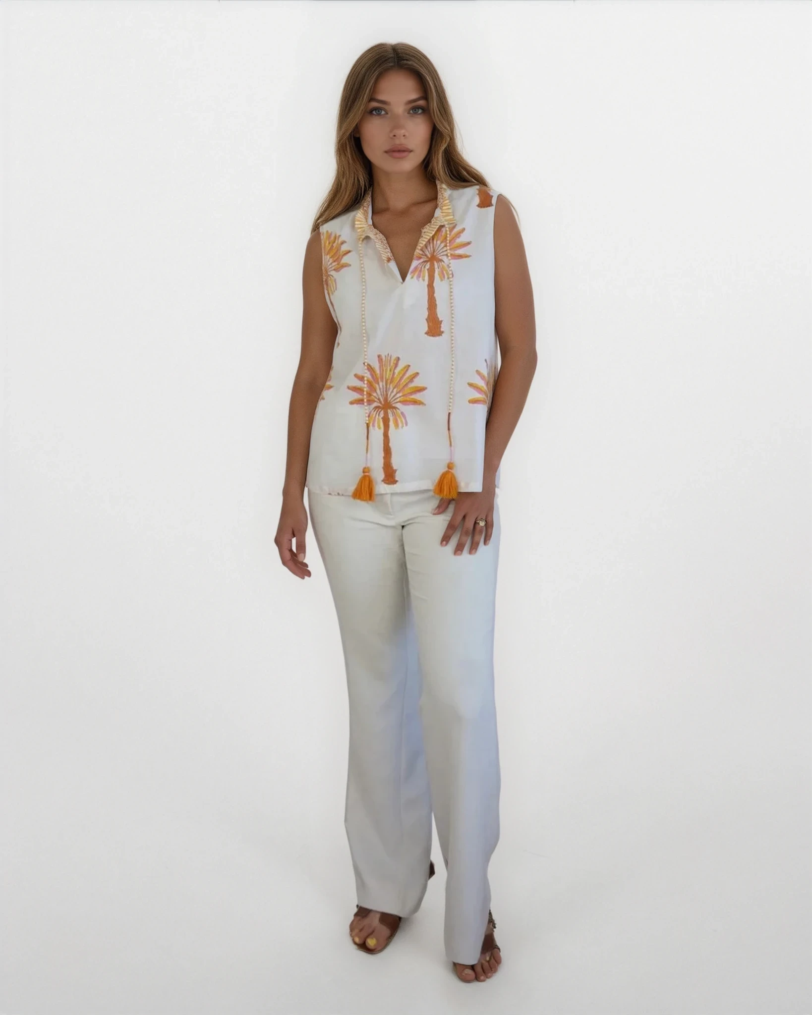 Joss Sleeveless Top - Pink/Yellow Palms