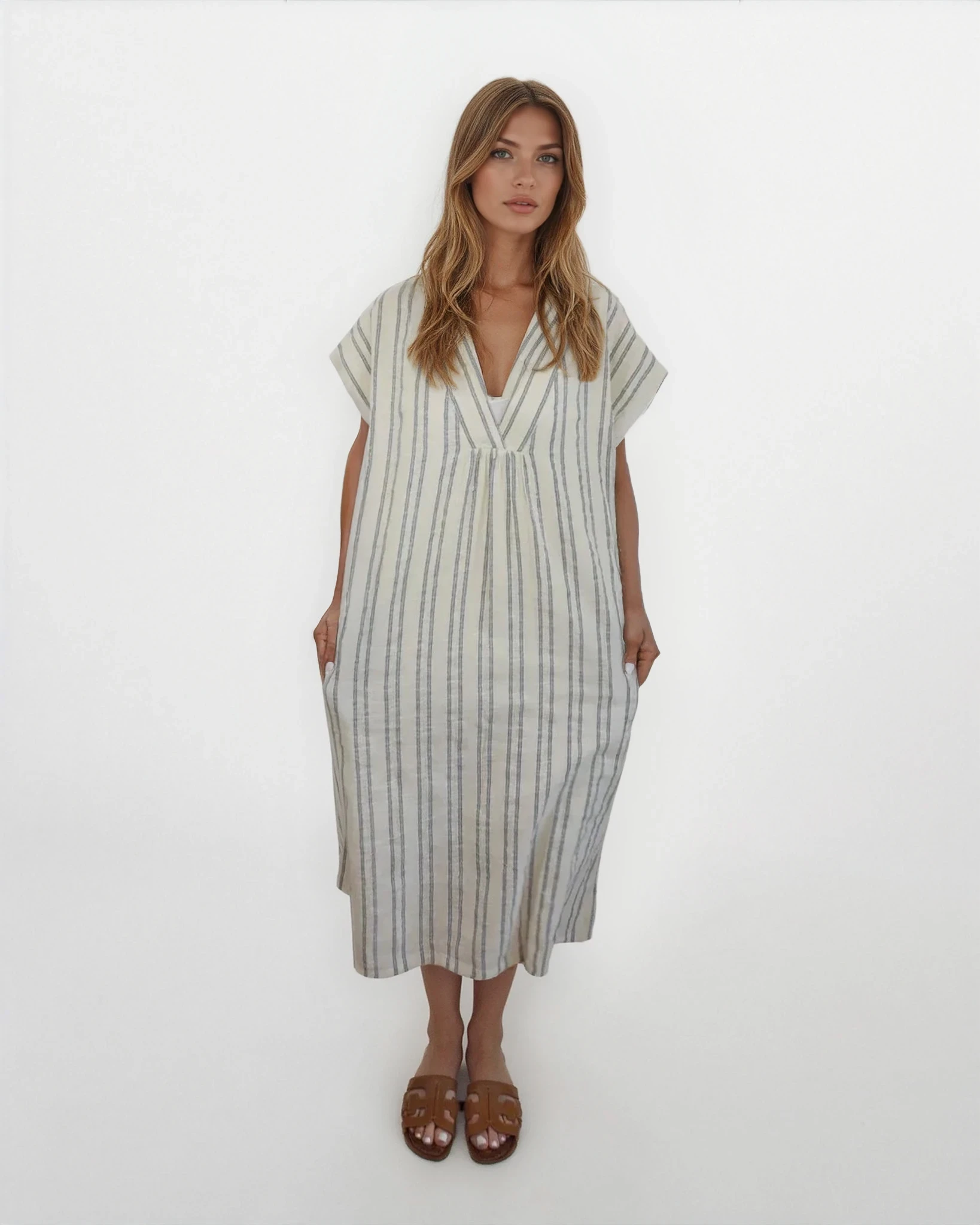 Calla Midi Dress - Grey/Cream Stripe