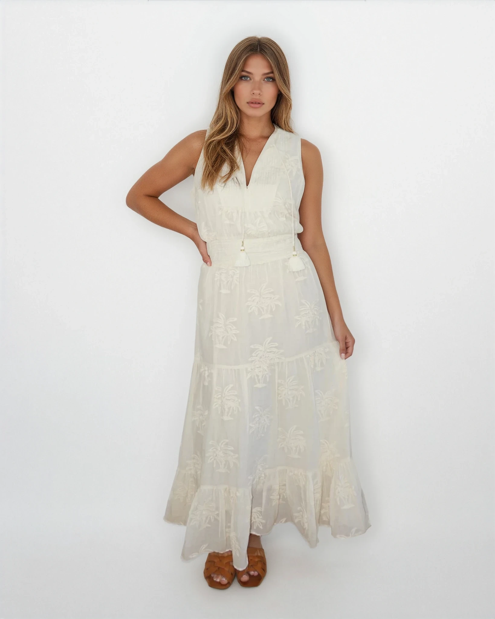 Paloma Dress in Cream Palm Embroidery