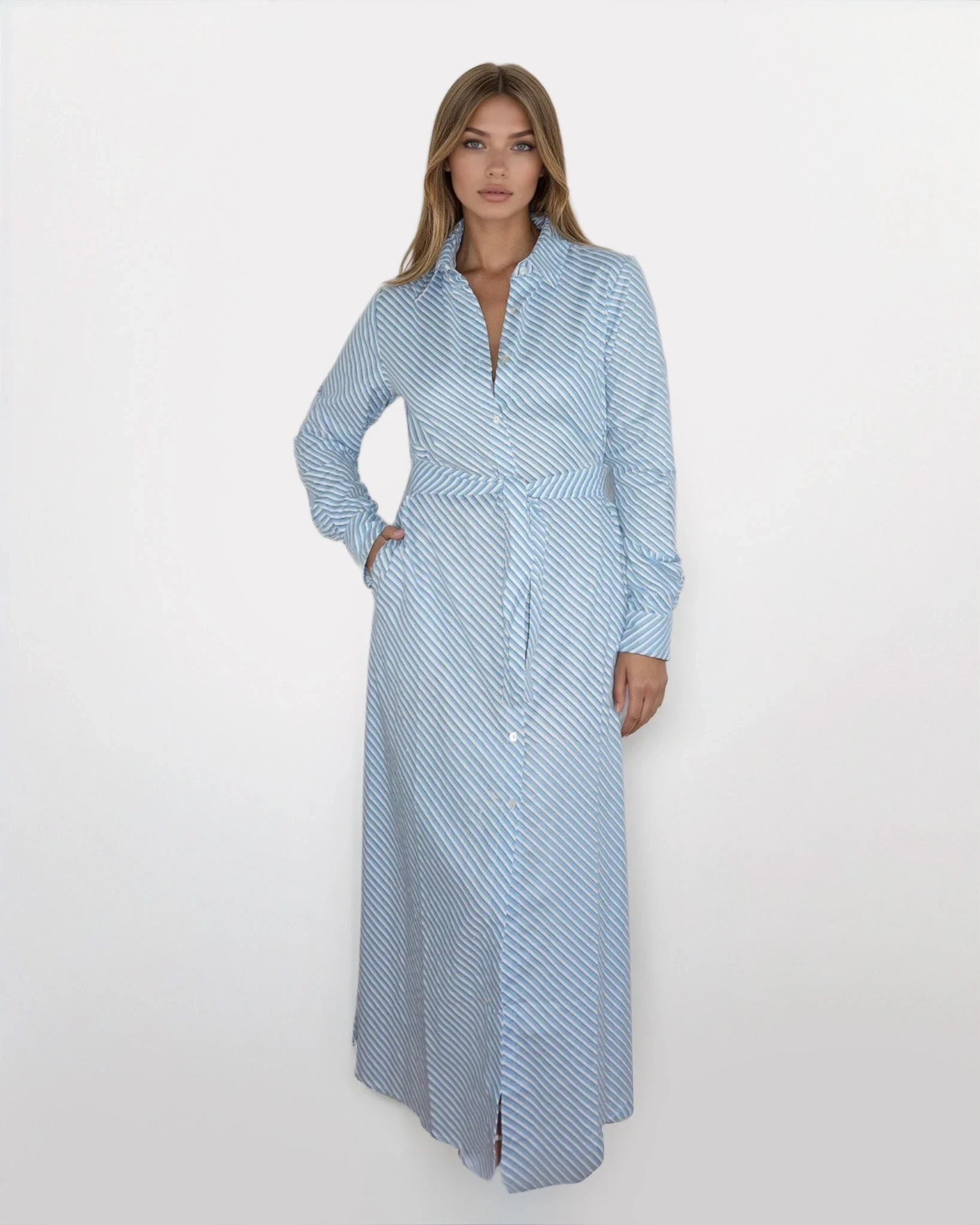 Caspian Dress in Blue Bias Stripe