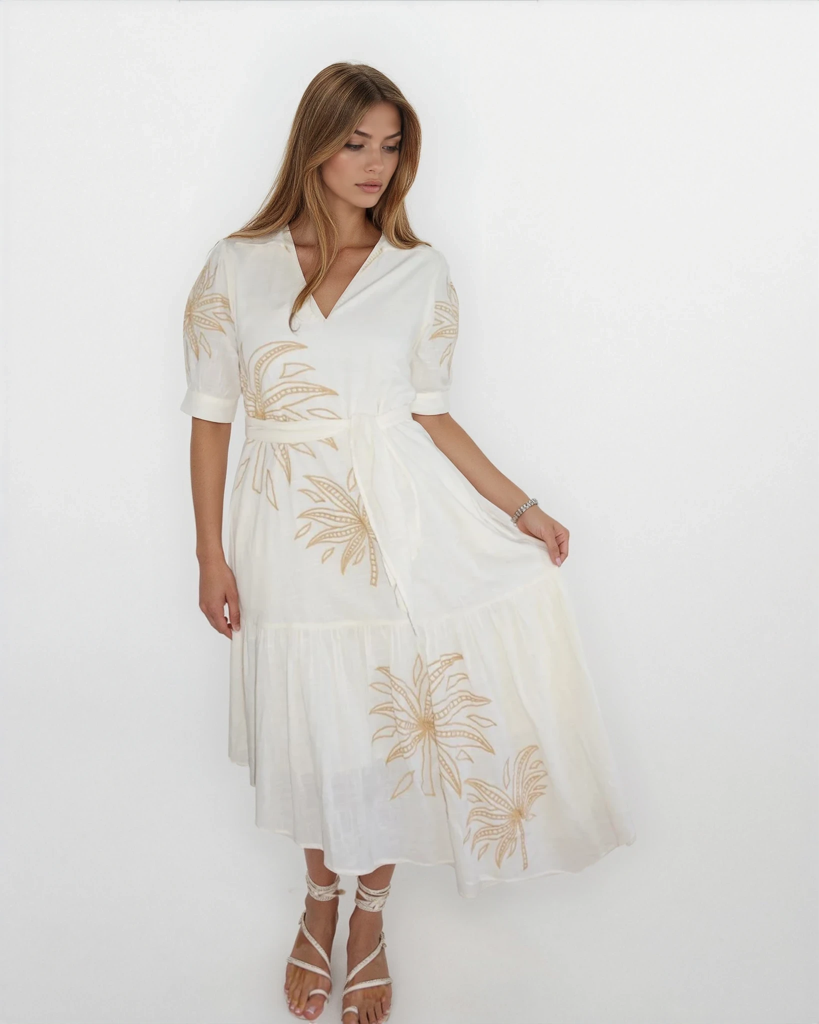 Viola Dress in Cream Abs Palms