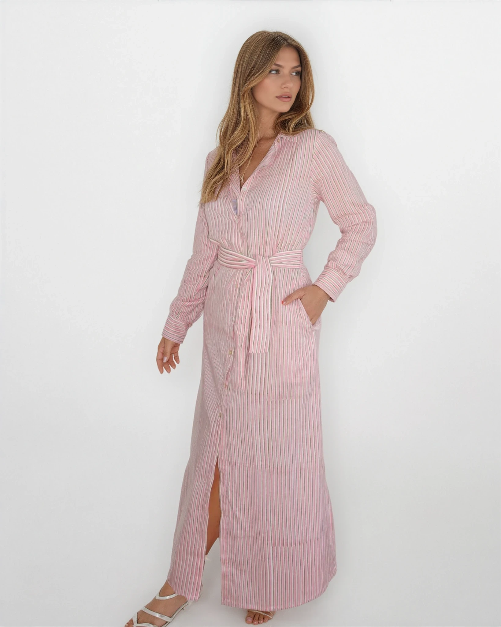 Caspian Dress in Pink Pinstripe