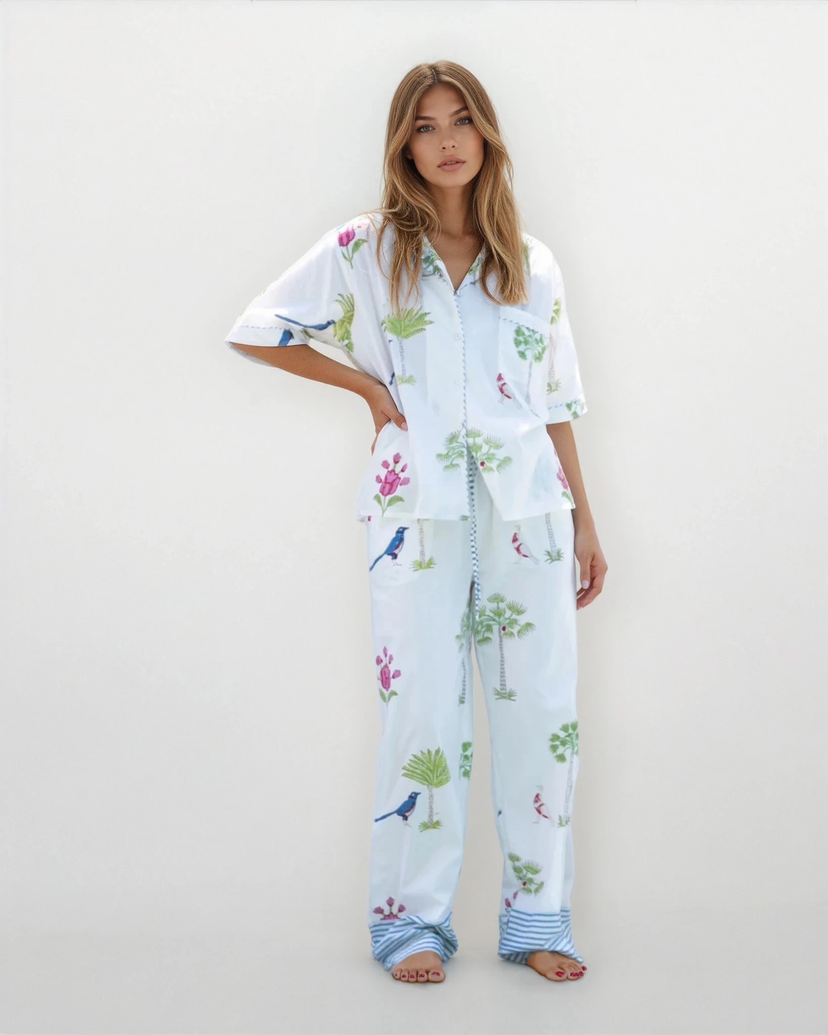 PJ Set - Short Sleeve Long Pant in Palm Paradise