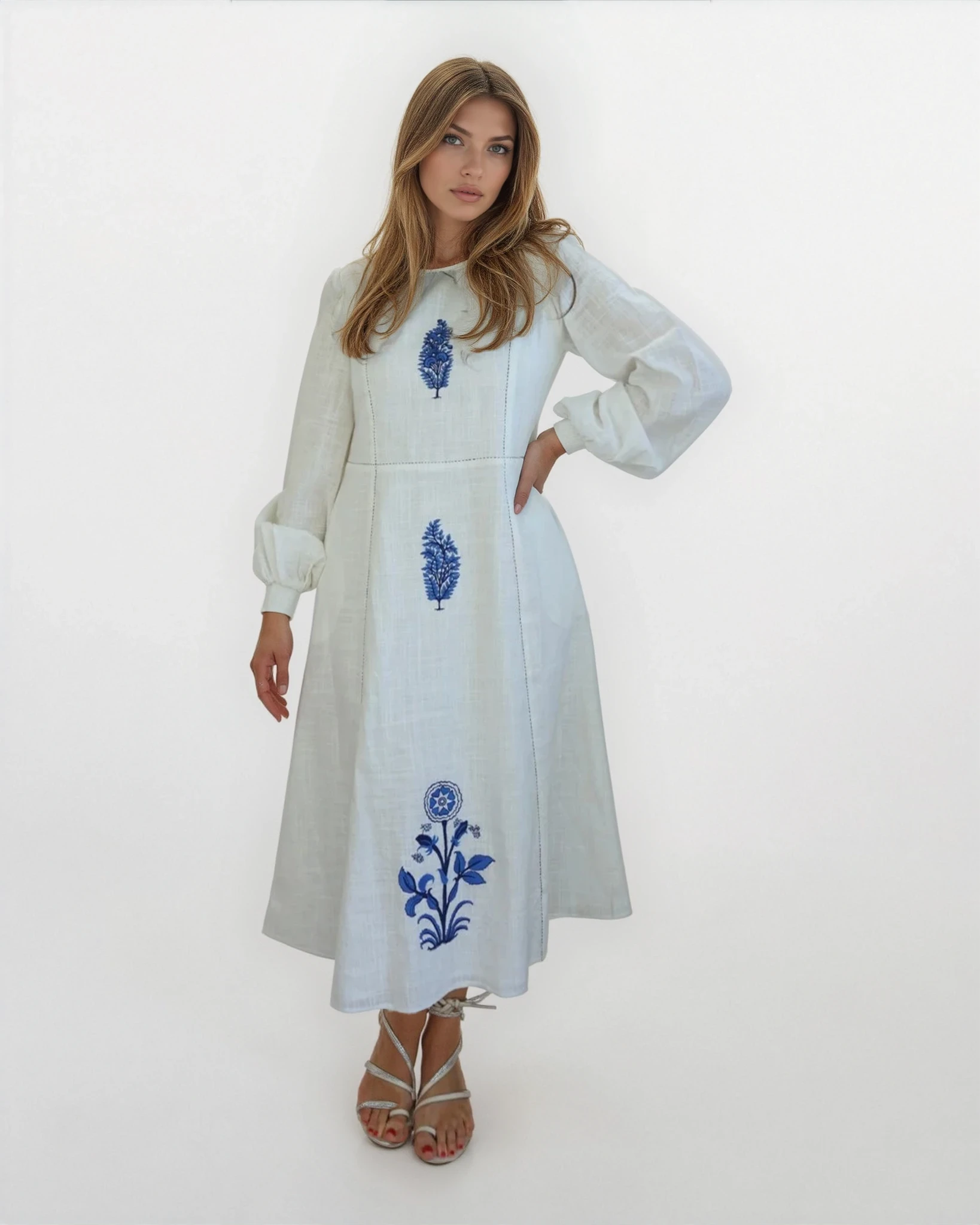 Milo Dress in White/Blue Emb