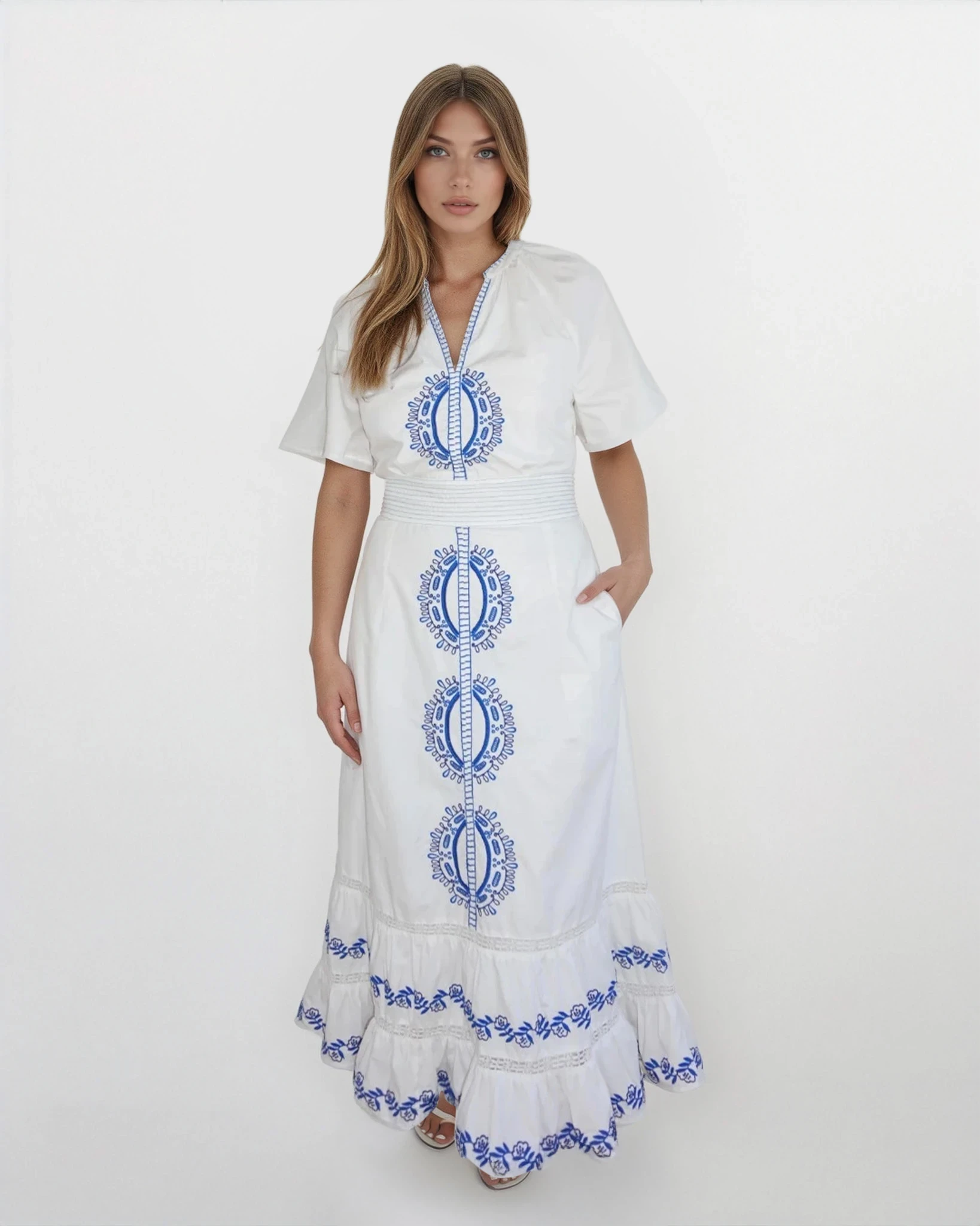 Oasis Maxi Dress in Blue/White Emb