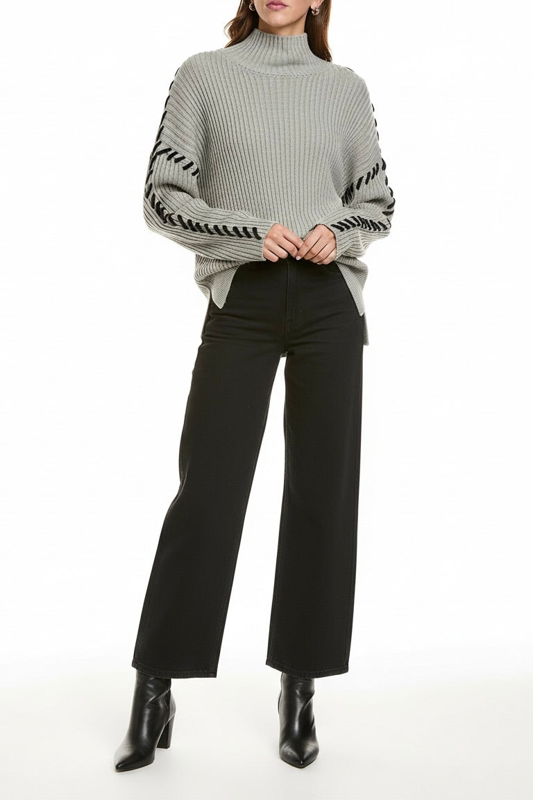 Ribbed Whipstitch Crew Neck Sweater