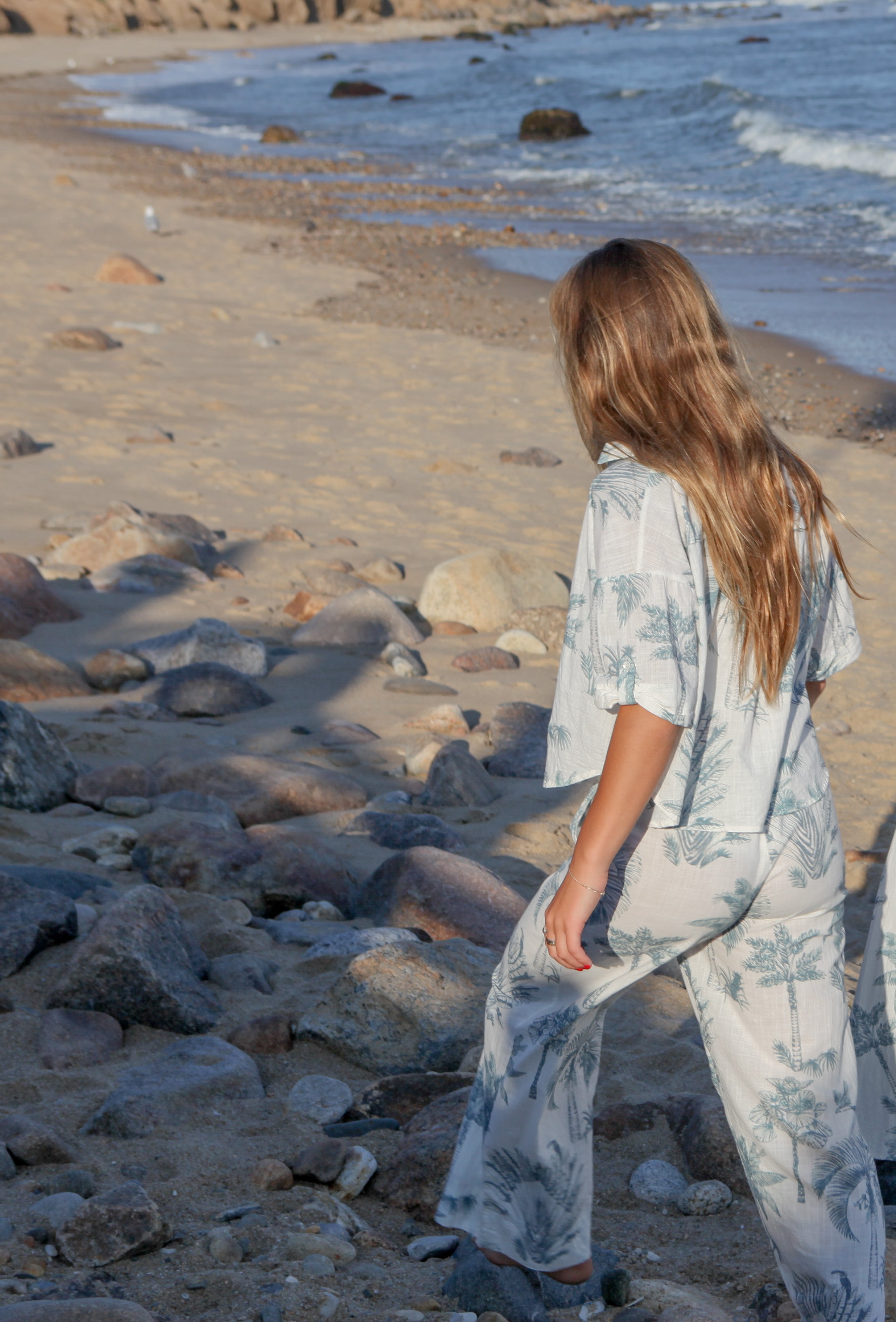 Cali Cropped Shirt - Faded Teal Palms