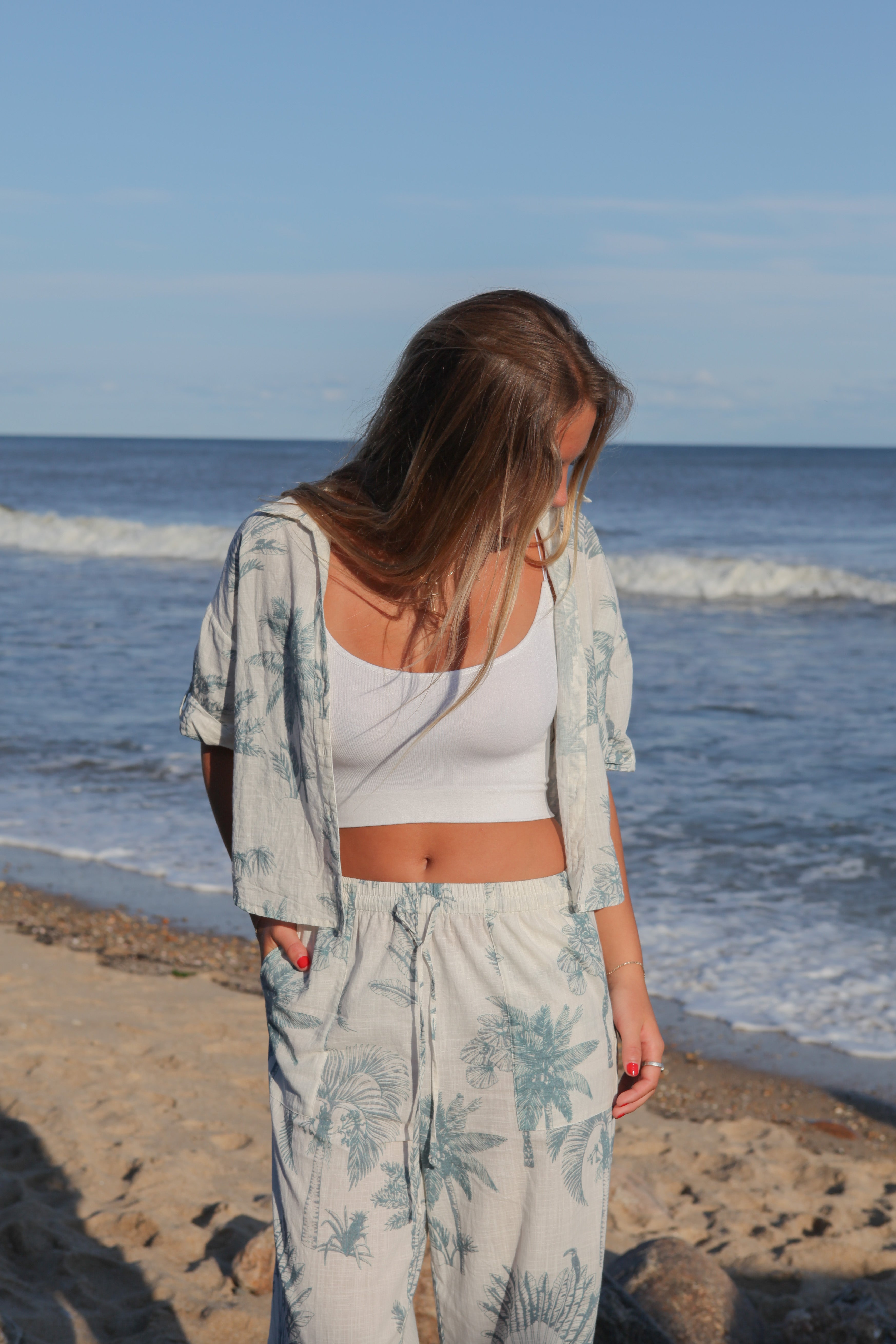 Cali Cropped Shirt - Faded Teal Palms