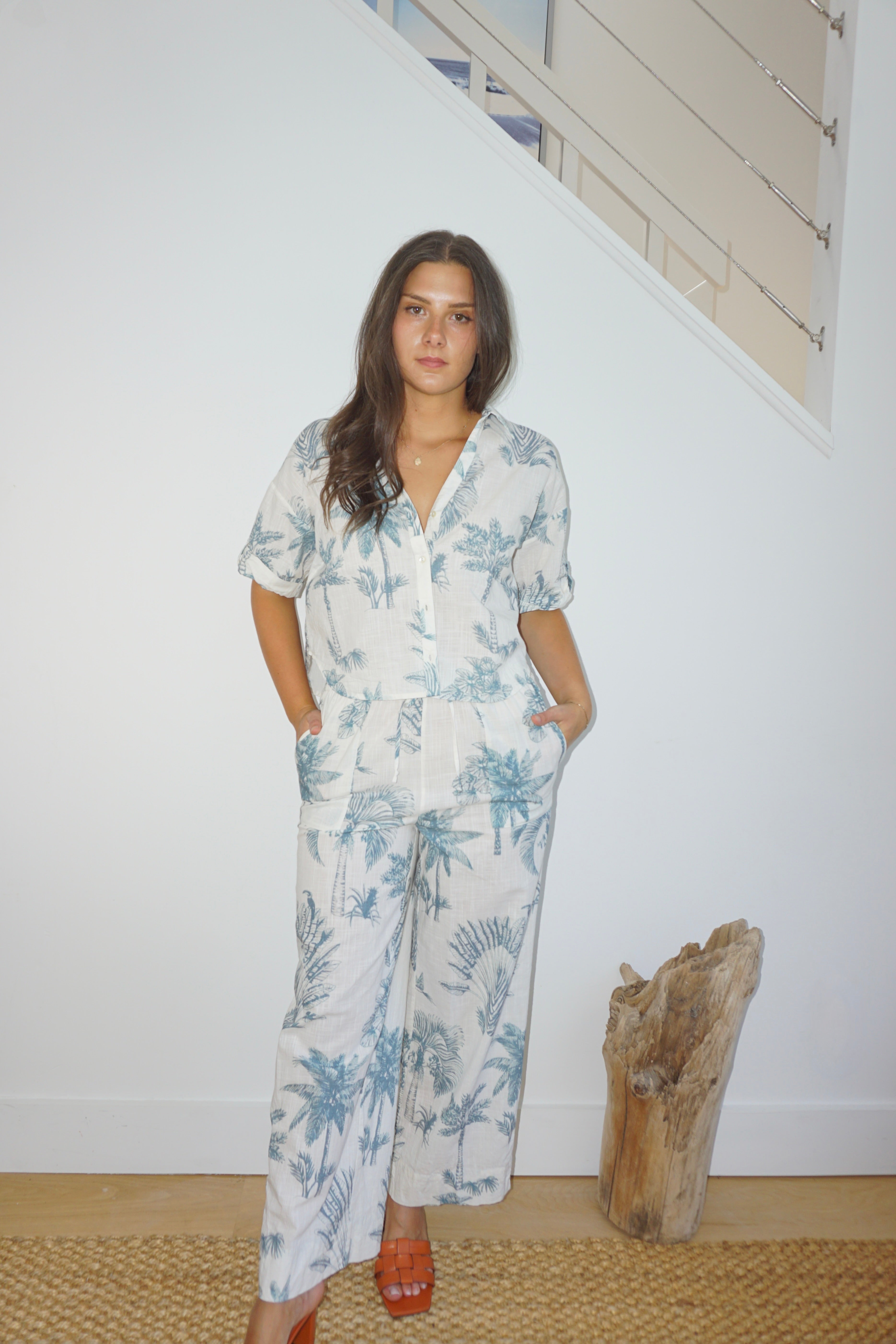 Cali Cropped Shirt - Faded Teal Palms