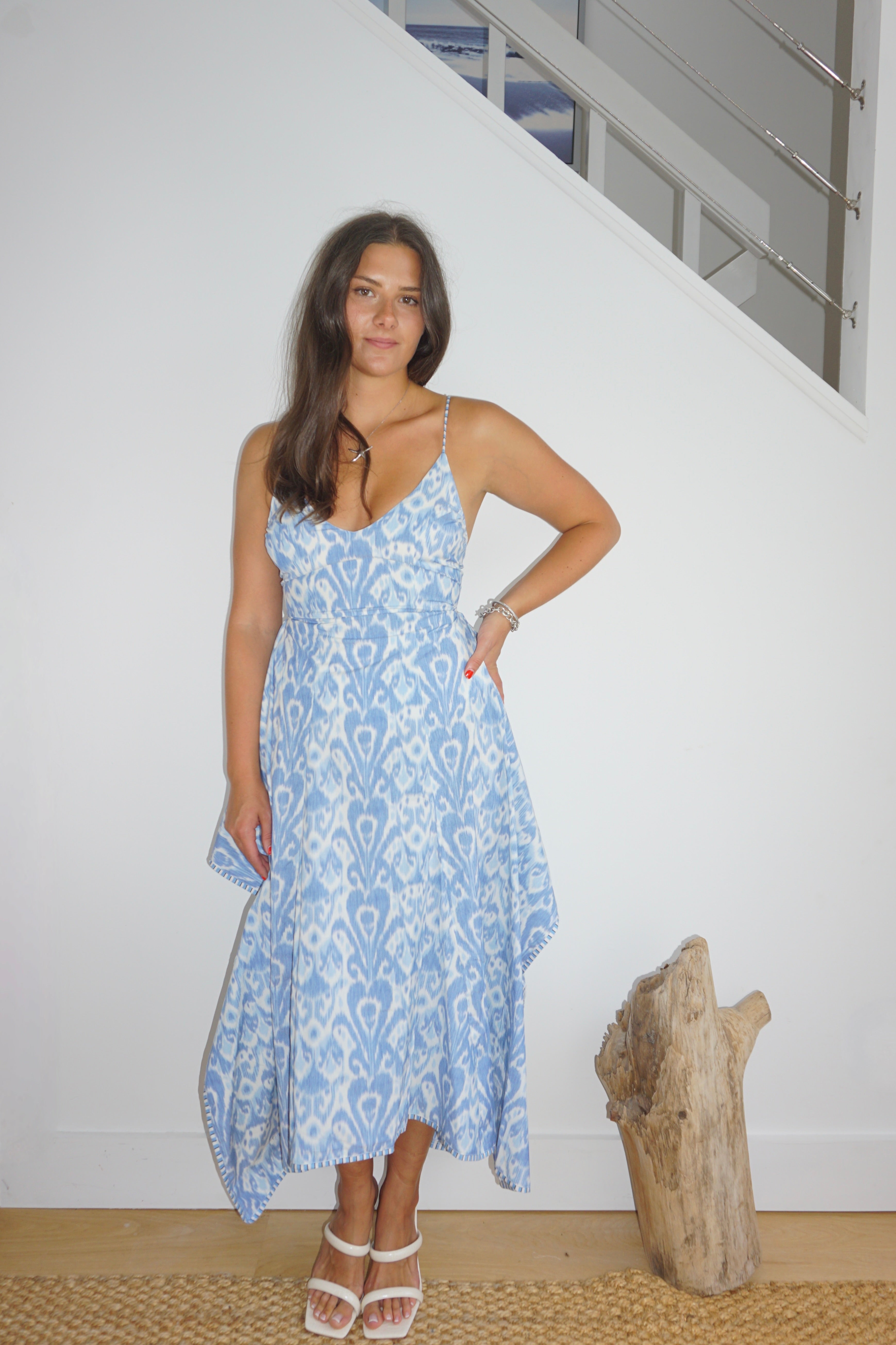 Cross Back Maxi Dress - Faded Blue Ikat