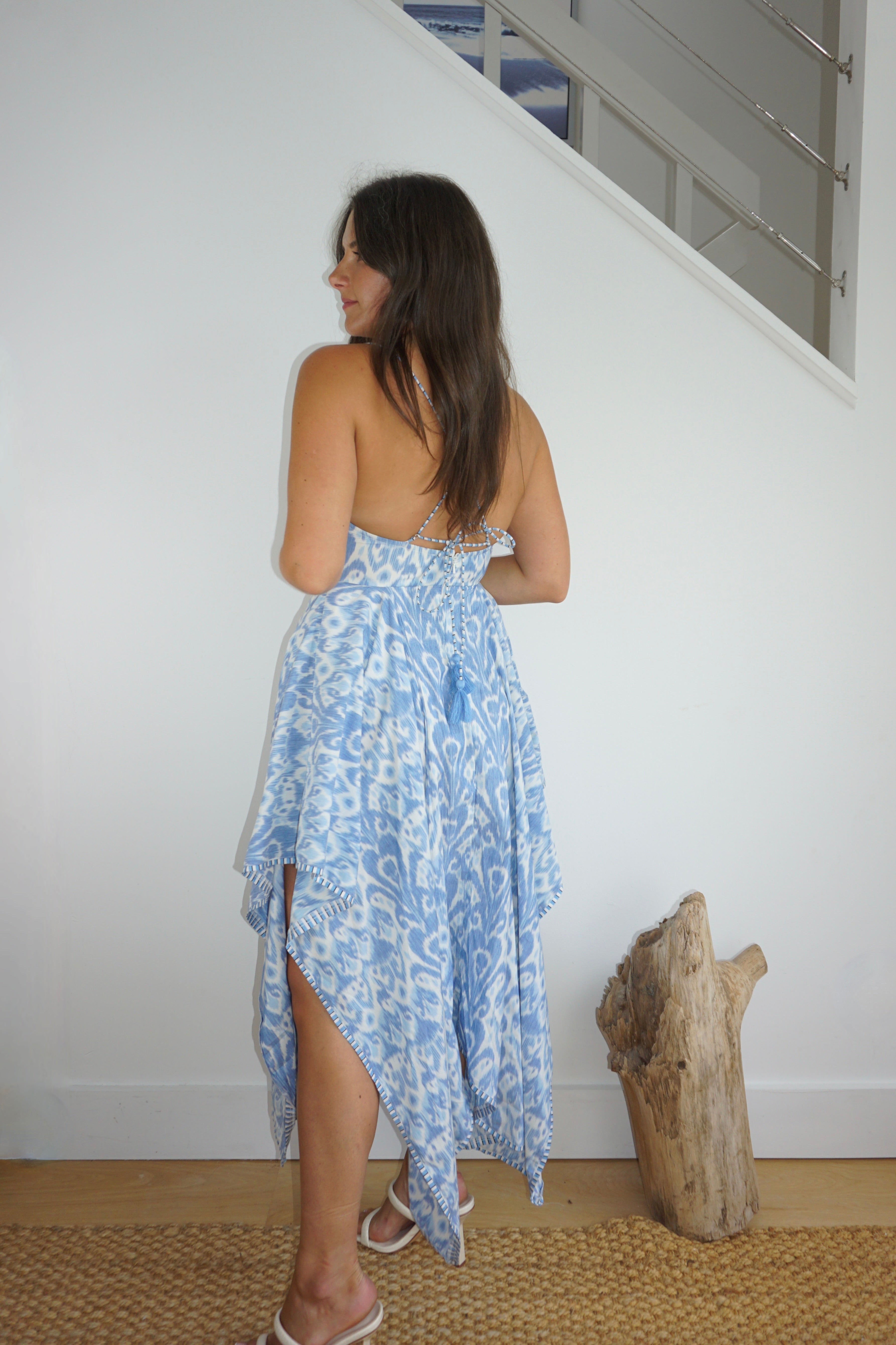 Cross Back Maxi Dress - Faded Blue Ikat