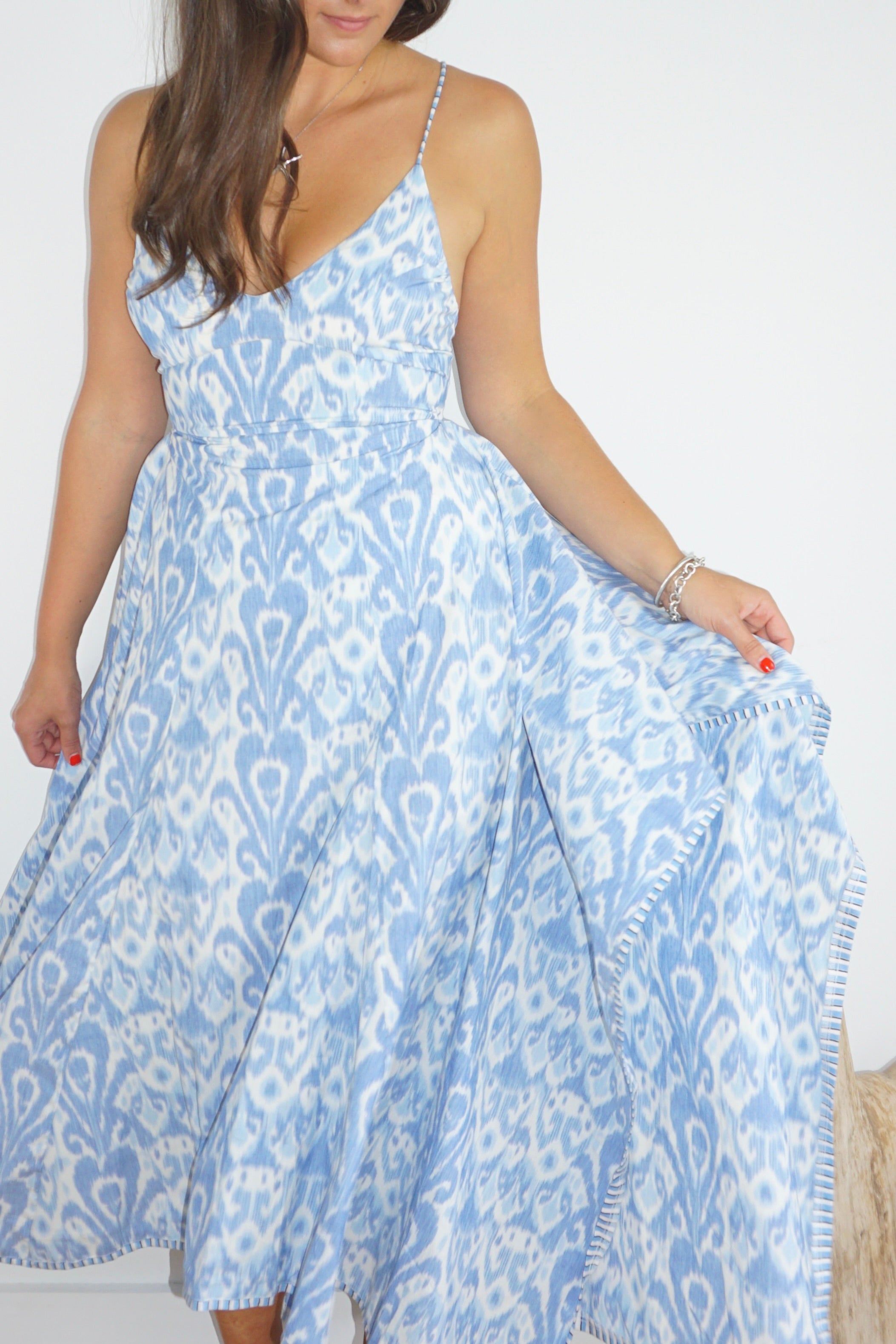 Cross Back Maxi Dress - Faded Blue Ikat