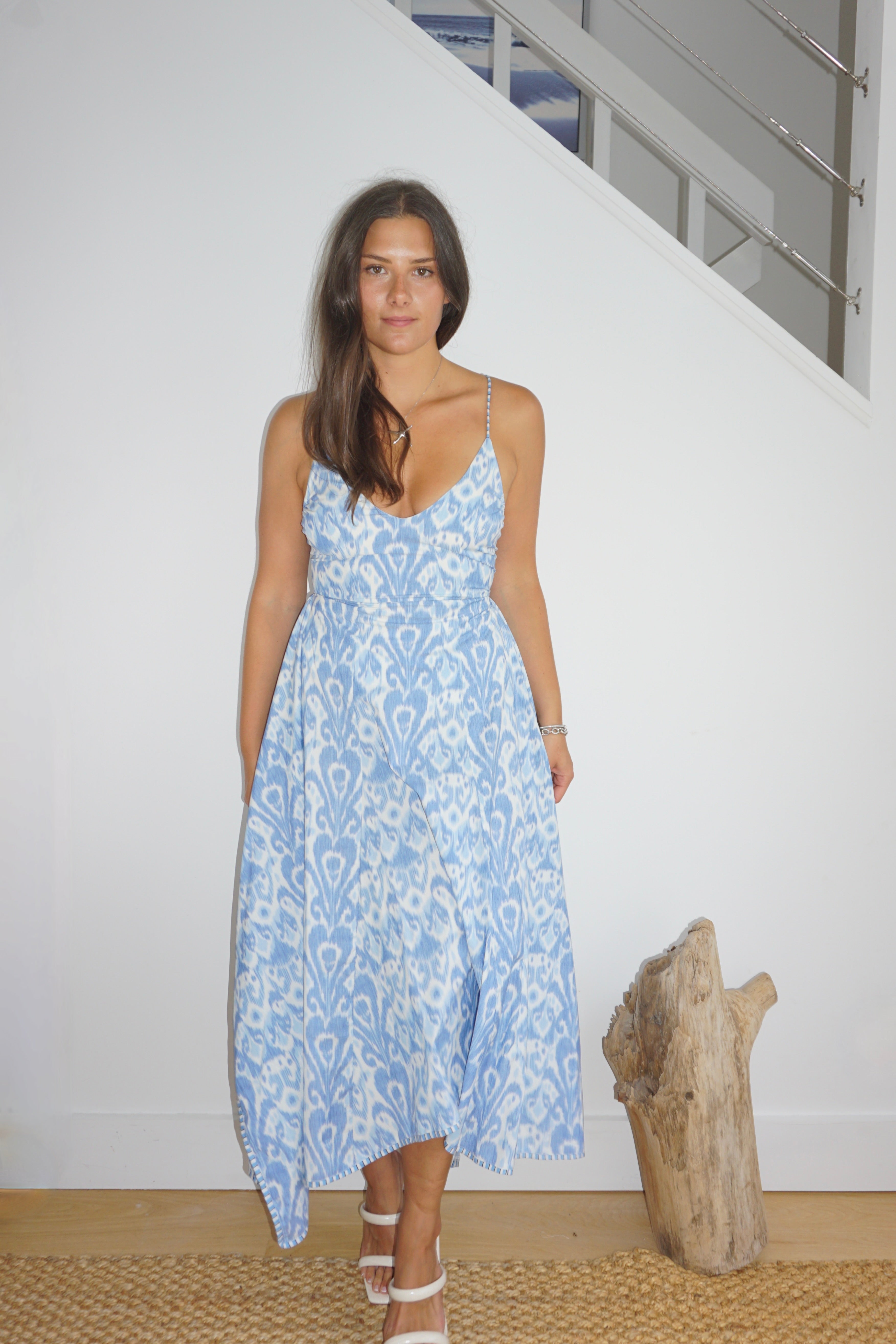 Cross Back Maxi Dress - Faded Blue Ikat