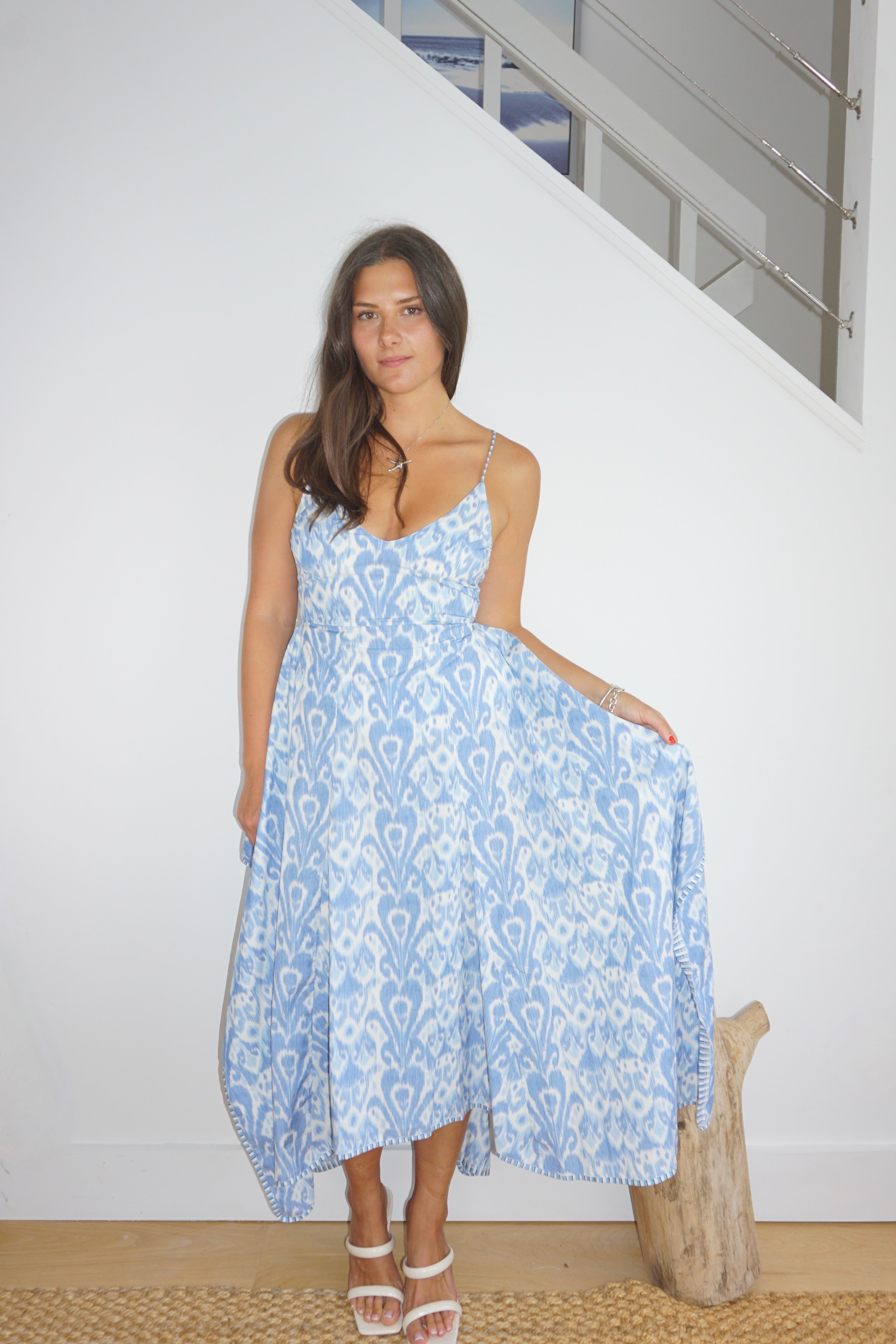 Cross Back Maxi Dress - Faded Blue Ikat