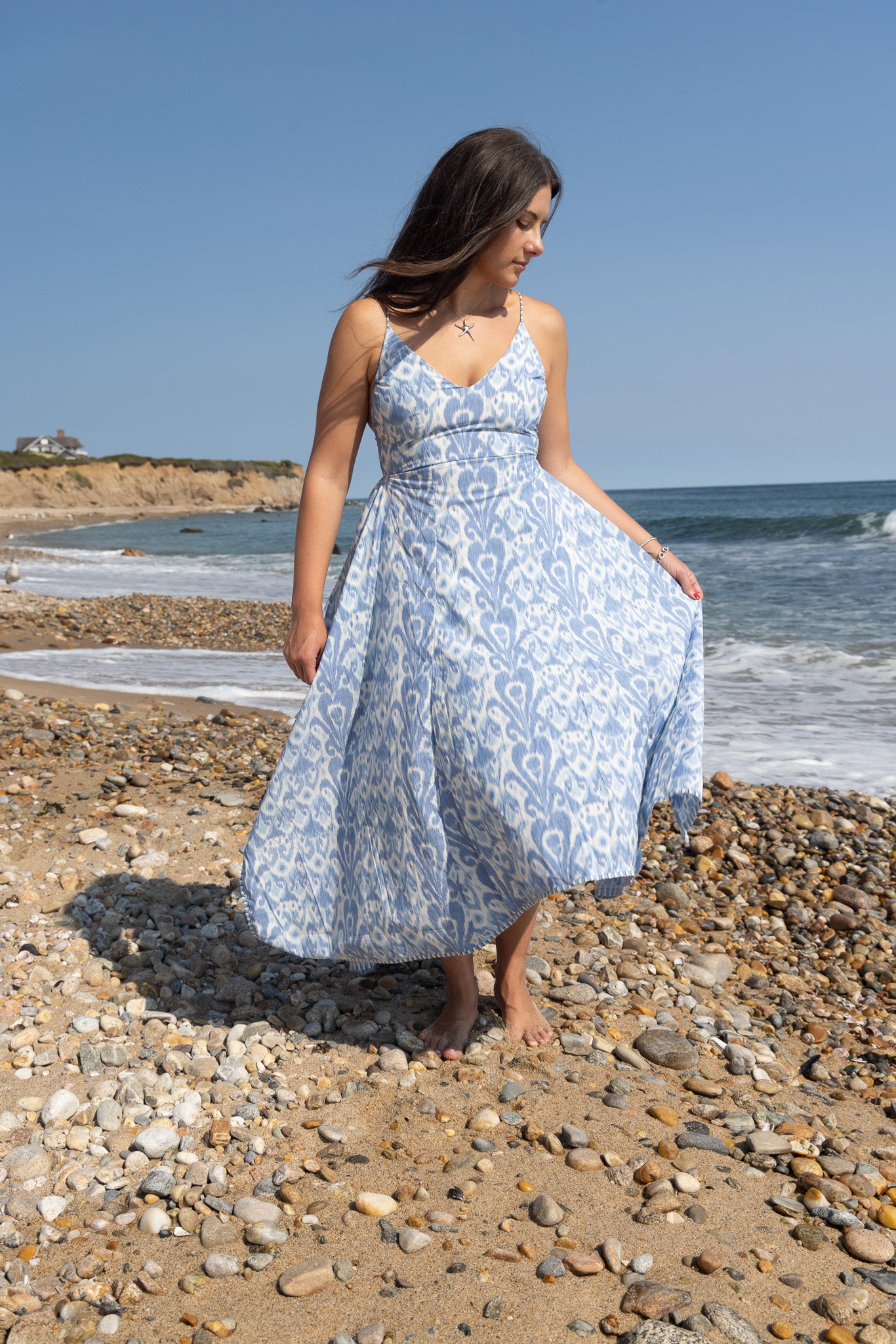 Cross Back Maxi Dress - Faded Blue Ikat