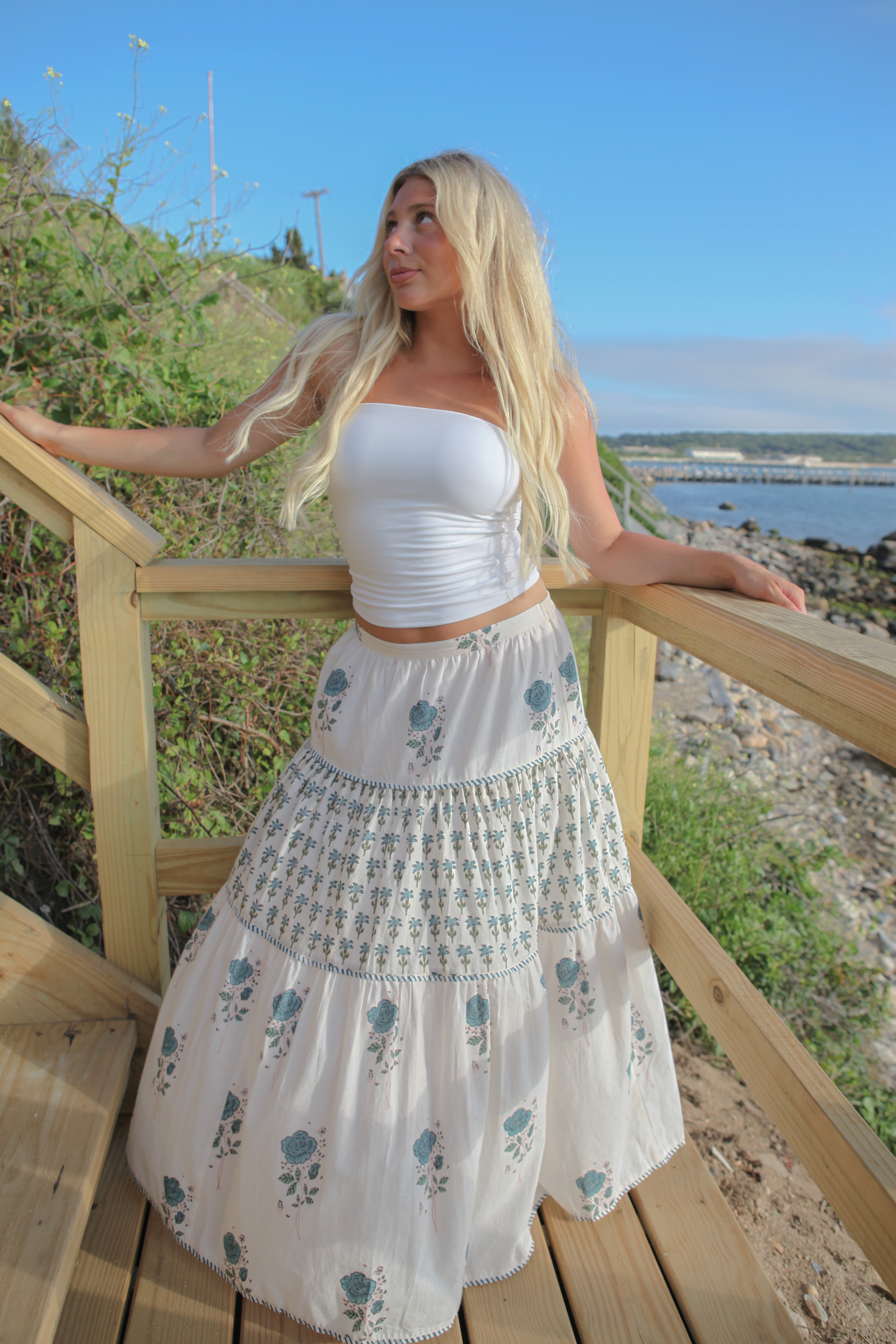 Drue Tiered Skirt in Mystic Blue Rose