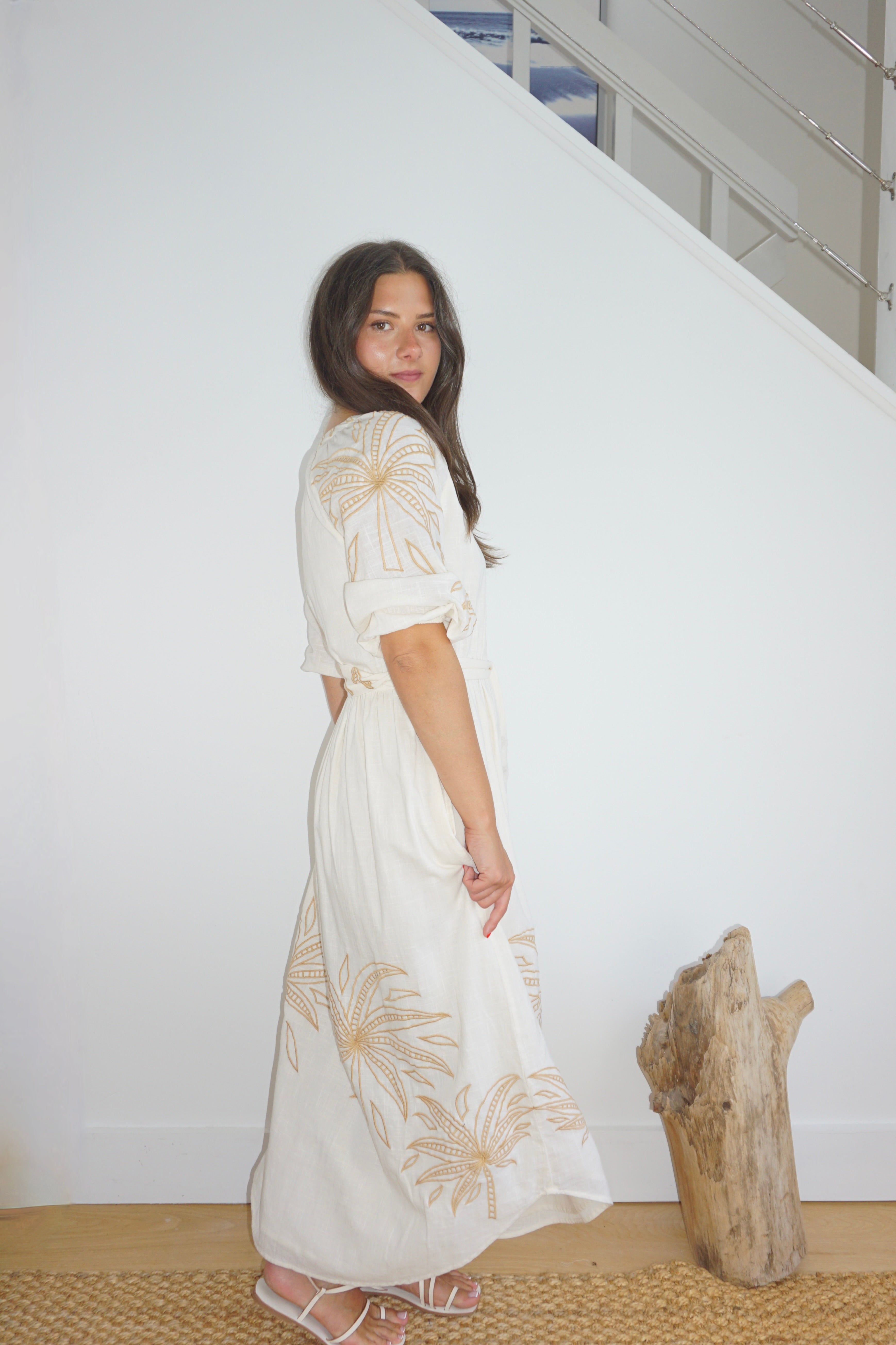 NIBI MTK Frankie Dress - Cream Abstract Palms