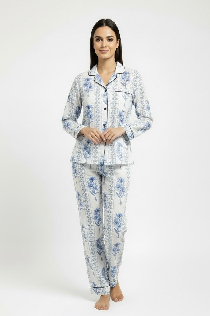 Gabriella Long Pajama Set in Blue Trellis