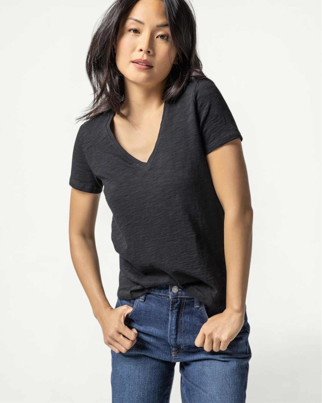 Lilla P V-Neck Short Sleeve Back Seam Tee