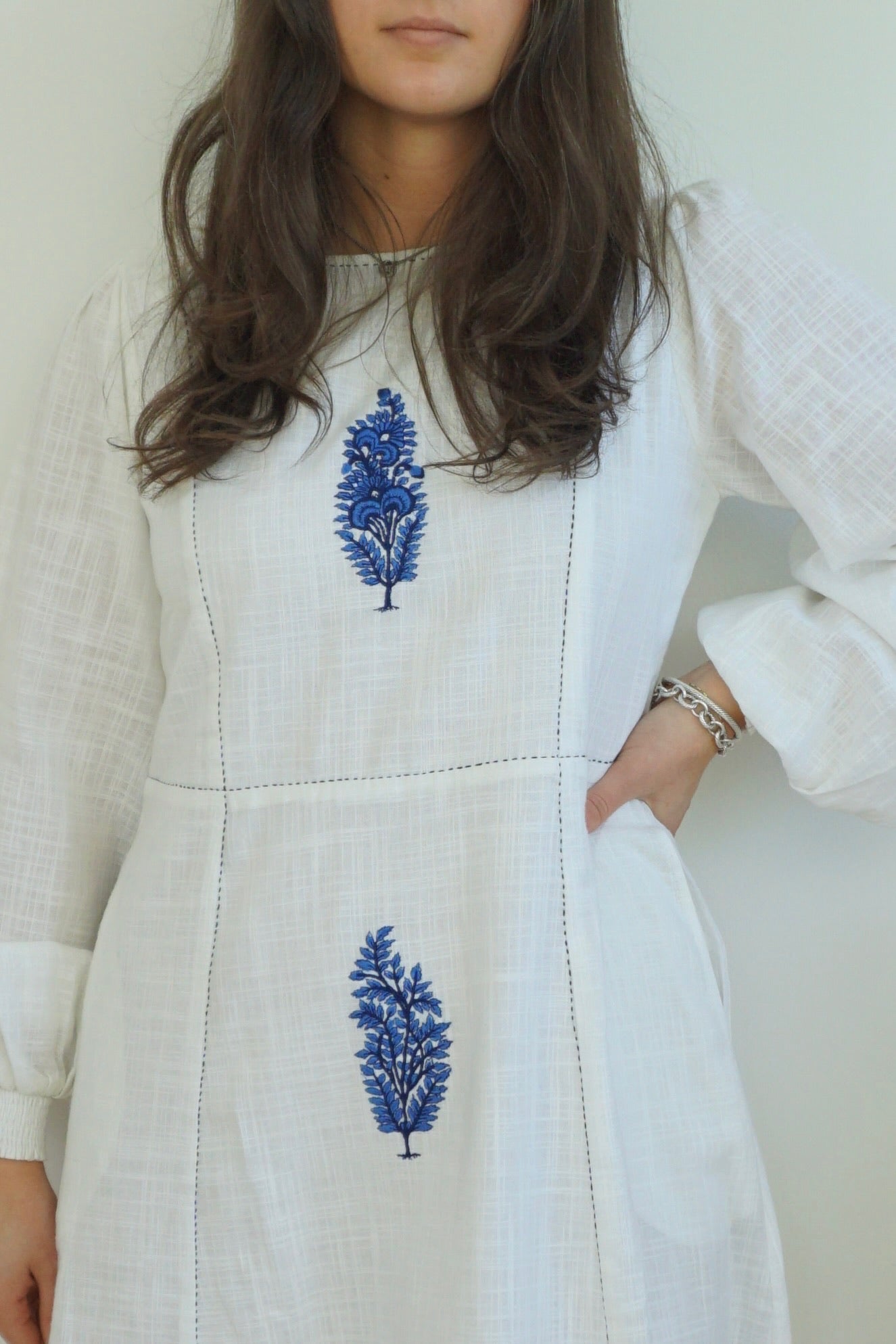 Milo Embroidered Dress - White/Blue Embroidery