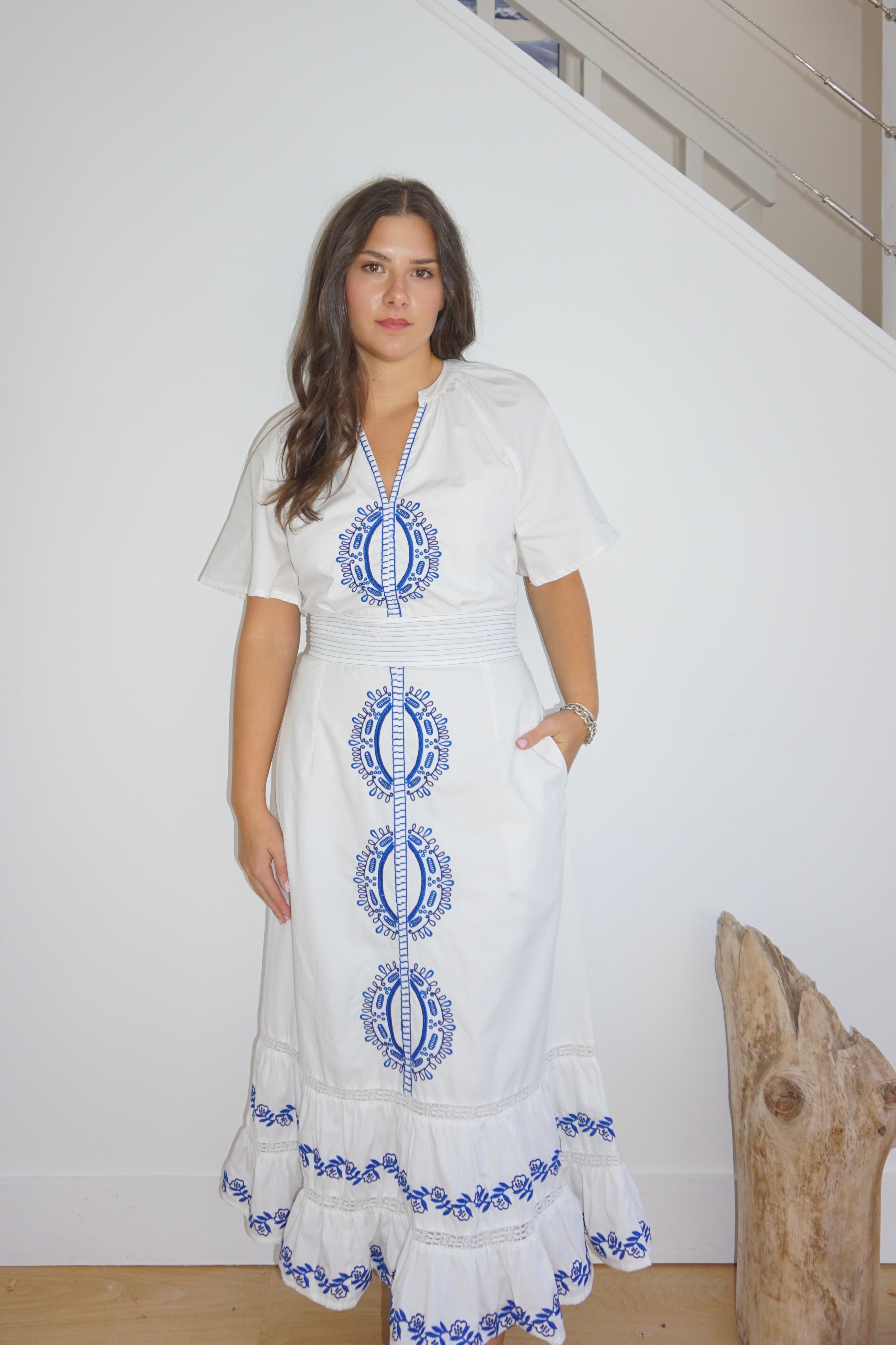 Oasis Maxi Dress - Blue/White Embroidery