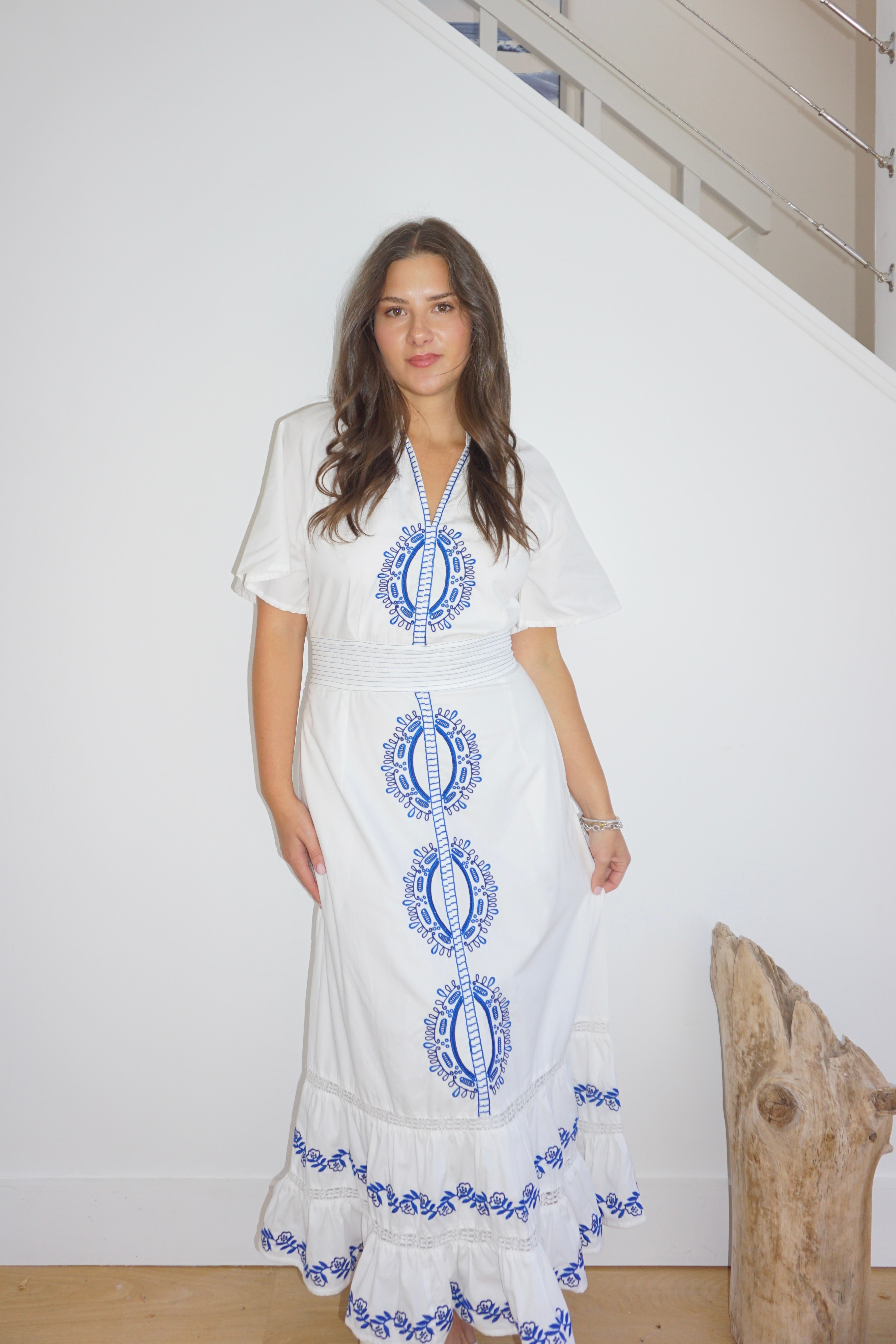 Oasis Maxi Dress - Blue/White Embroidery
