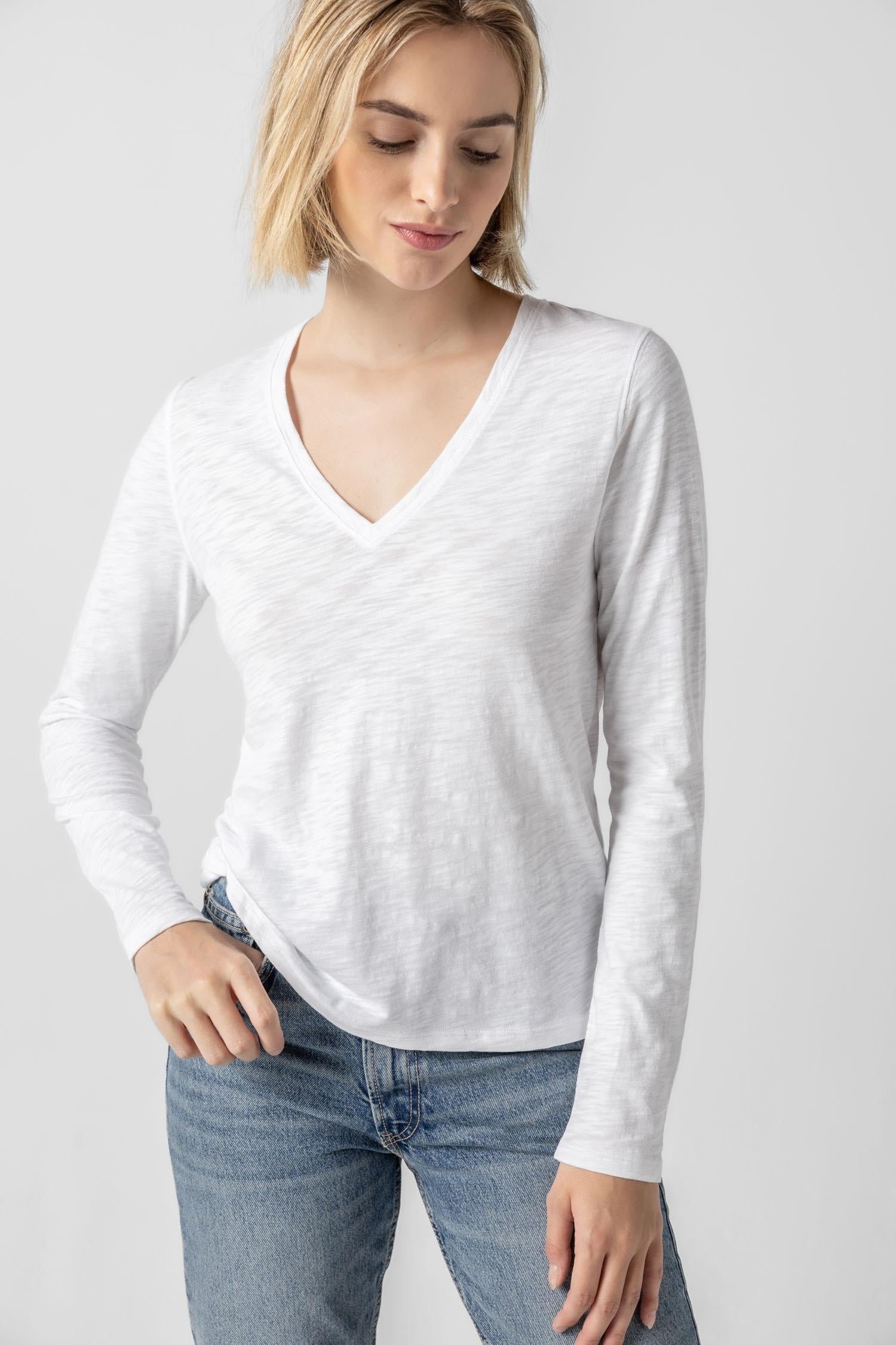 Full Sleeve Slub Knit V-Neck - White