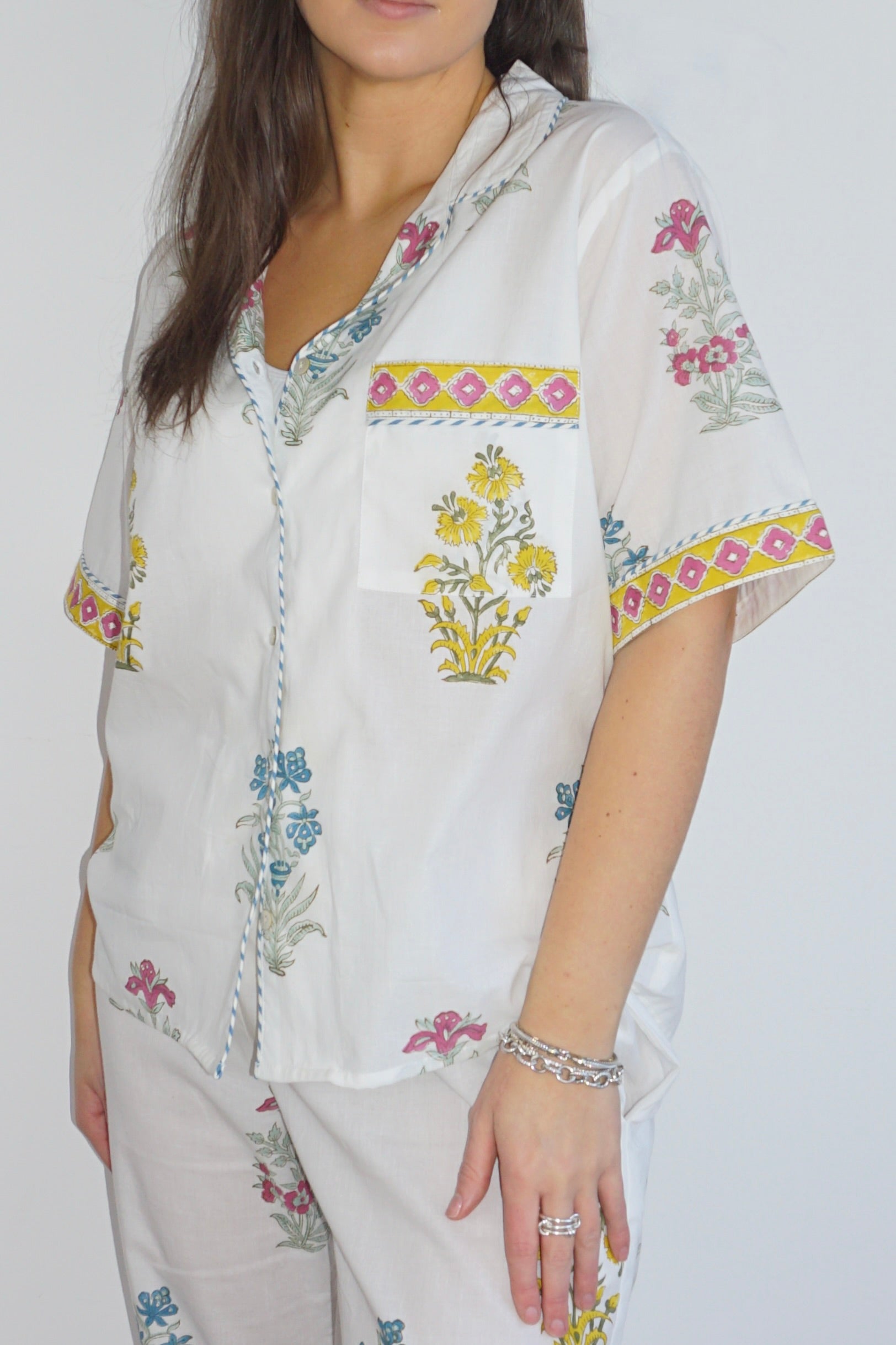 Pajama Set - Short Sleeve Long Pants - Mixed Print Floral