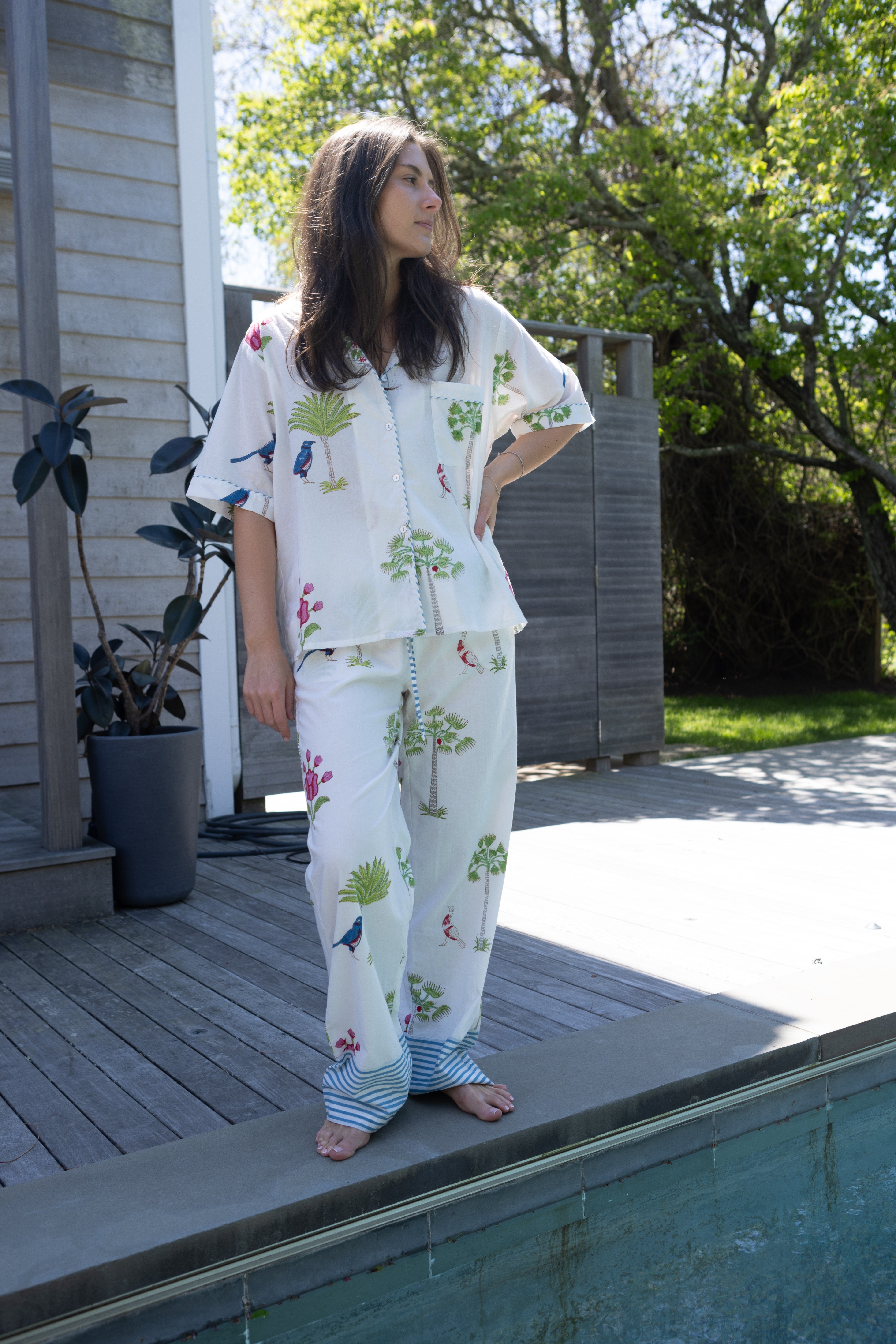Pajama Set - Short Sleeve Long Pants - Palm Paradise