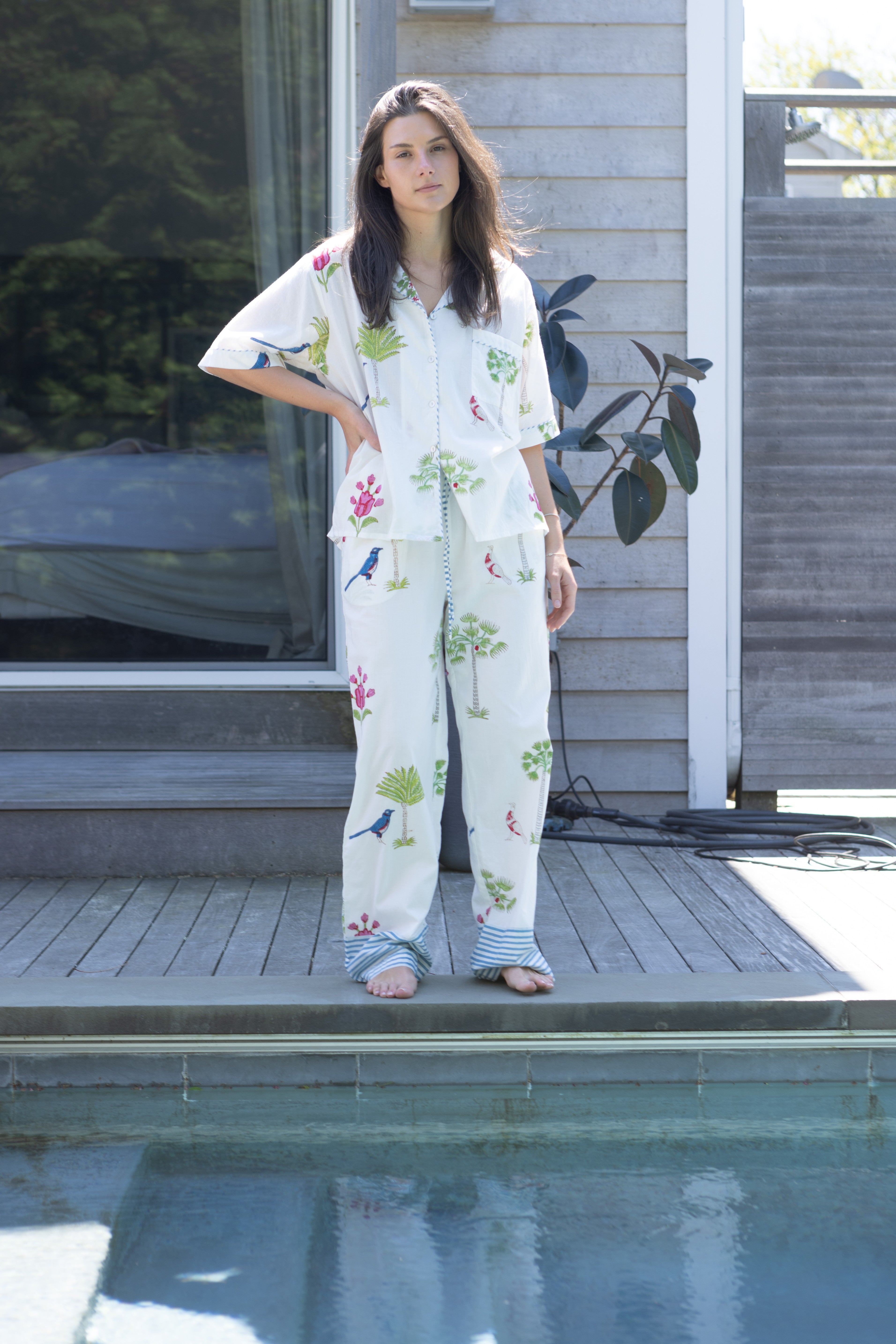 Pajama Set - Short Sleeve Long Pants - Palm Paradise