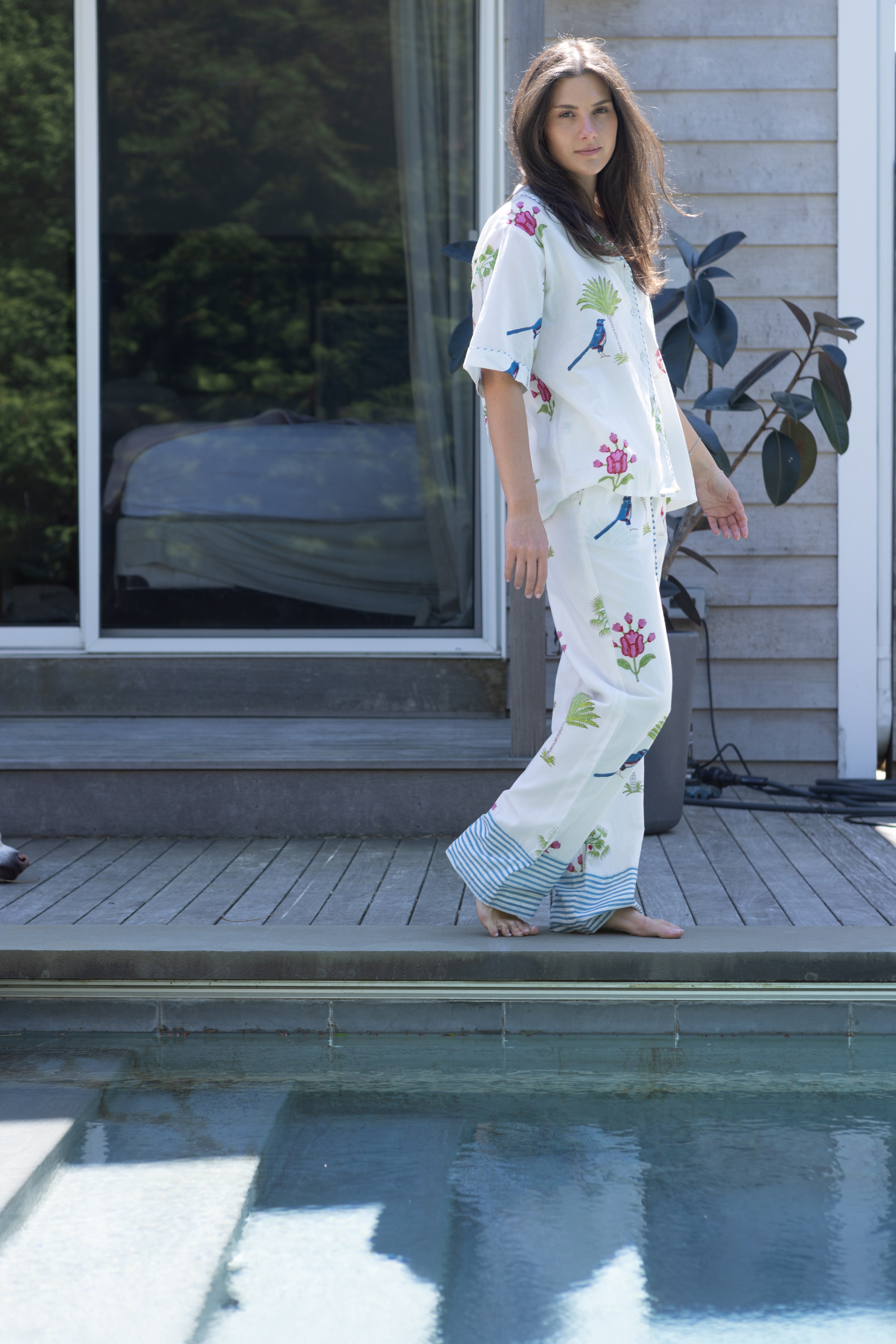 Pajama Set - Short Sleeve Long Pants - Palm Paradise