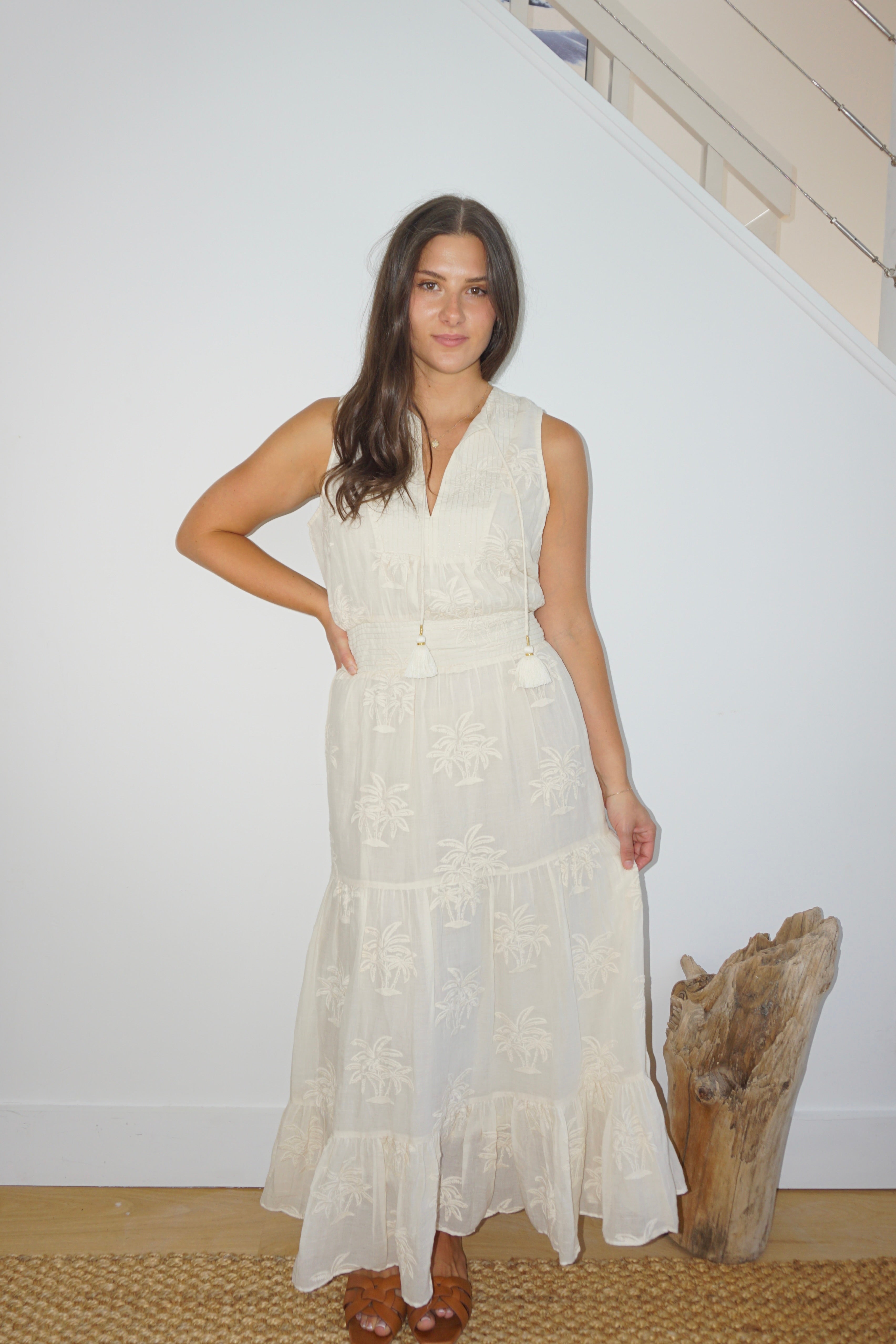 Paloma Maxi Dress - Cream Palm Embroidery