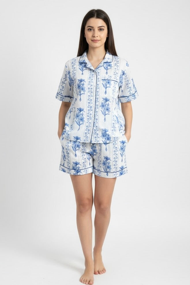 Paola Short Pajama Set in Blue Trellis