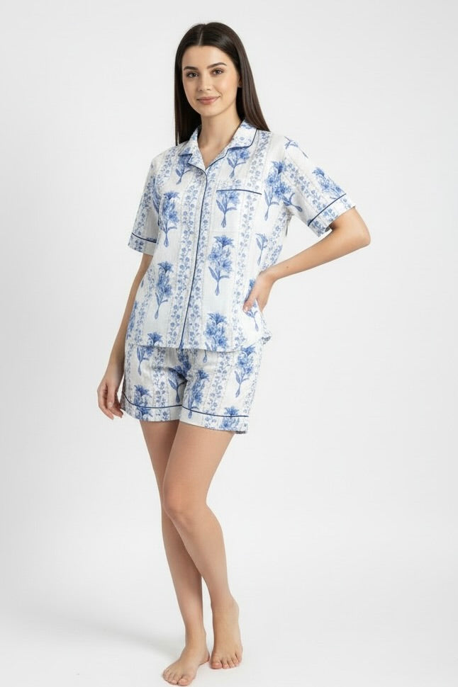 Paola Short Pajama Set in Blue Trellis