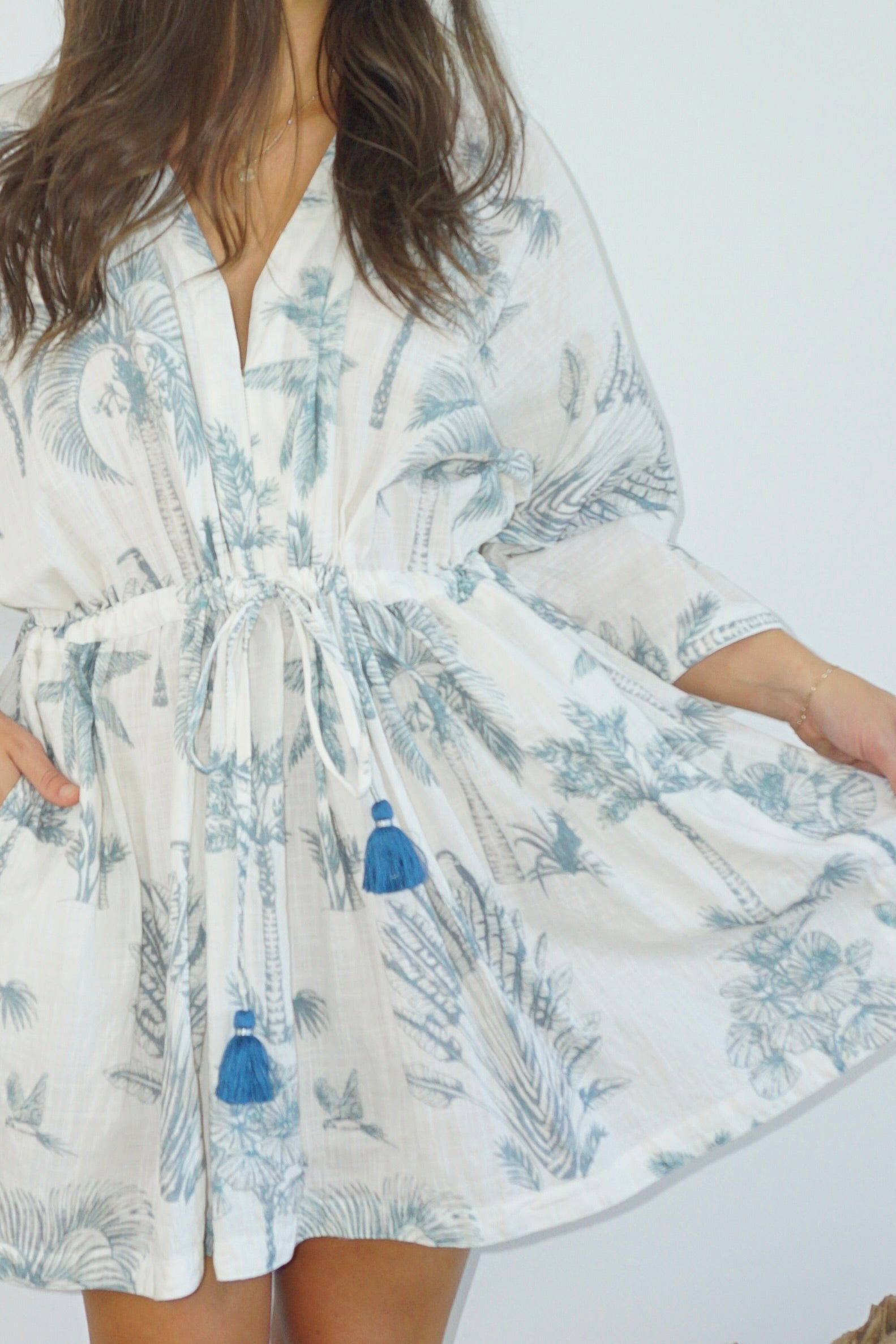 Savannah Mini Kaftan - Faded Teal Palms