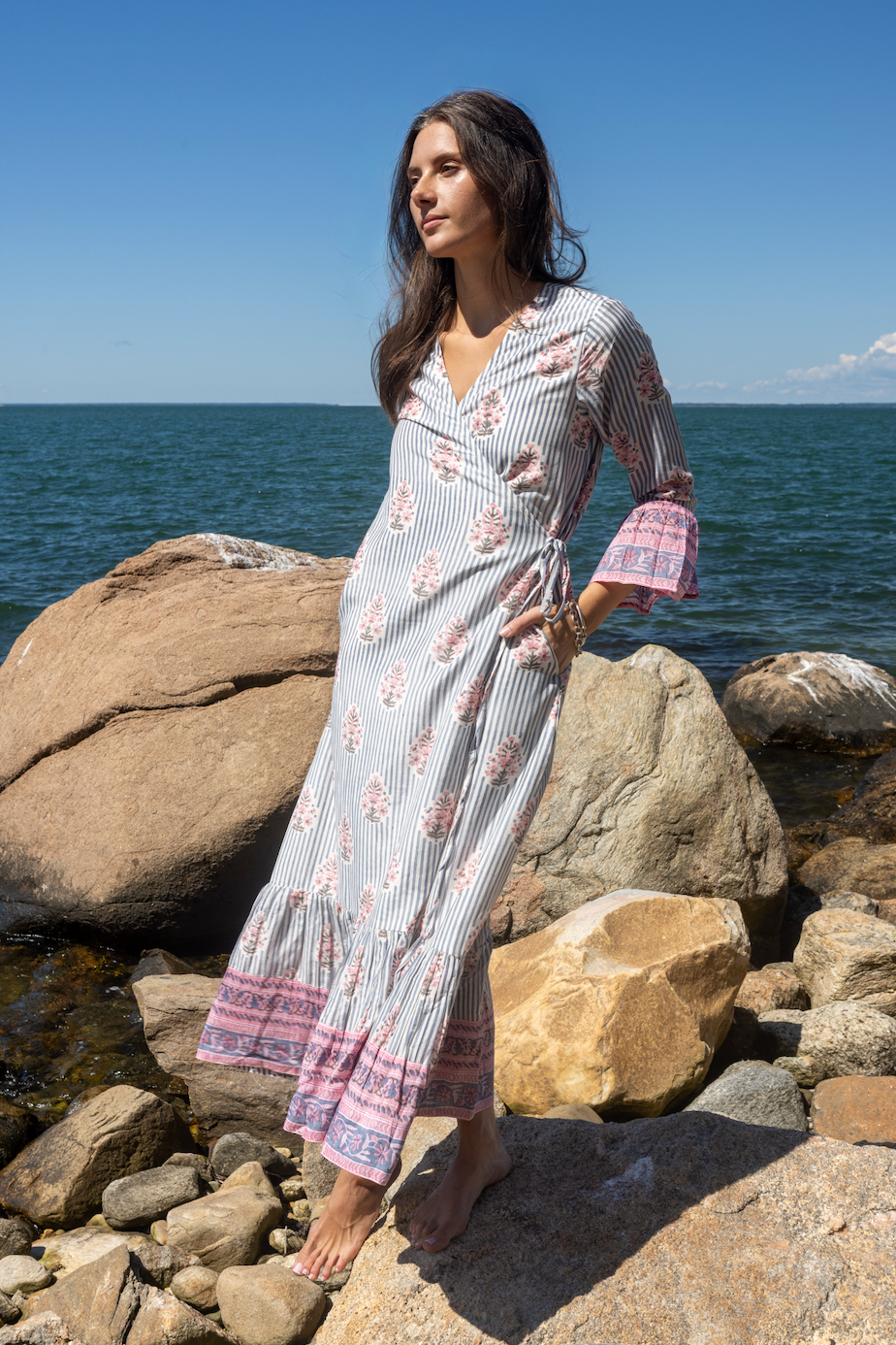 Rhode Wrap Dress in Blush Bay Stripe