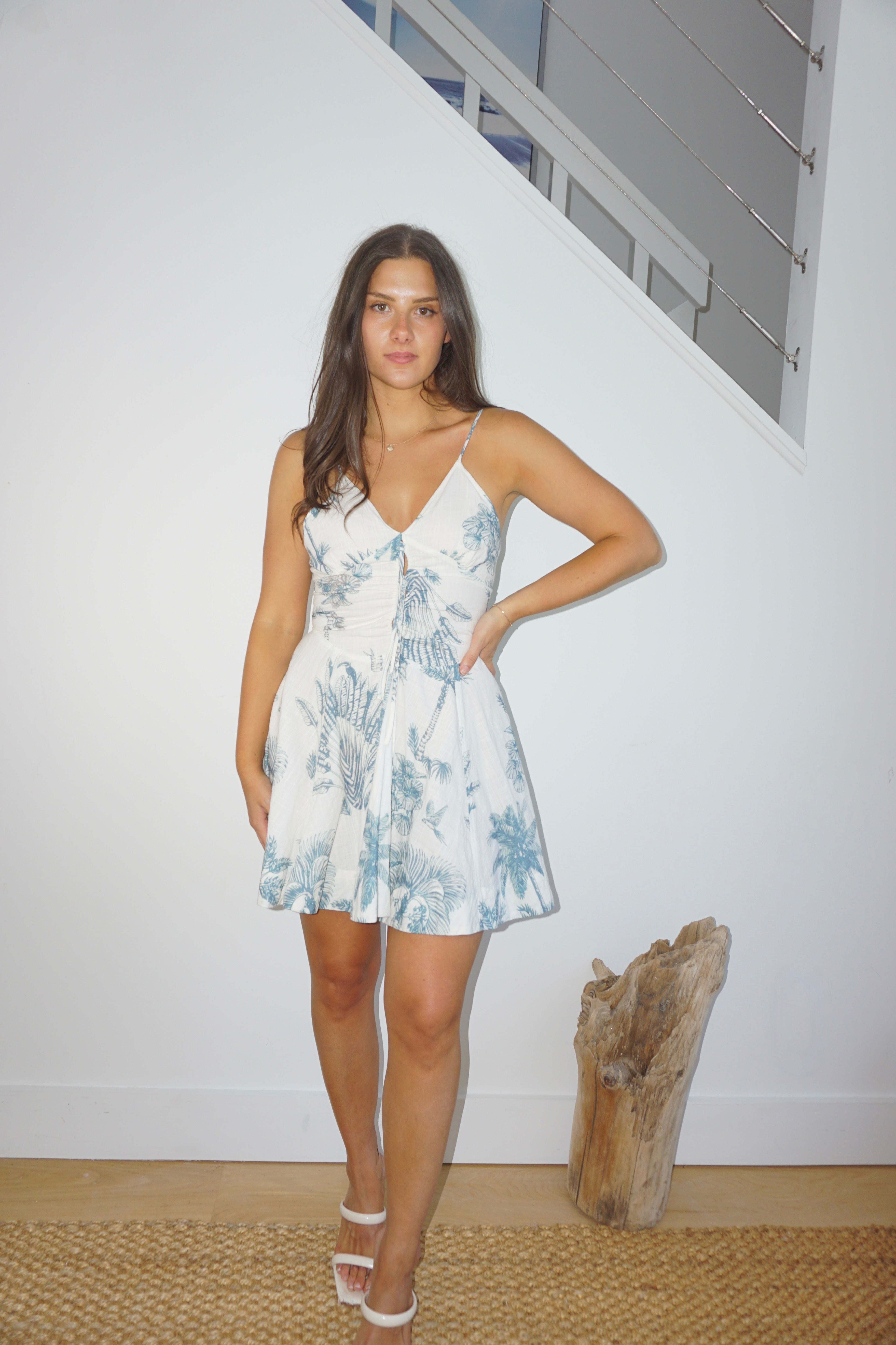 Tara Mini Dress - Faded Teal Palms