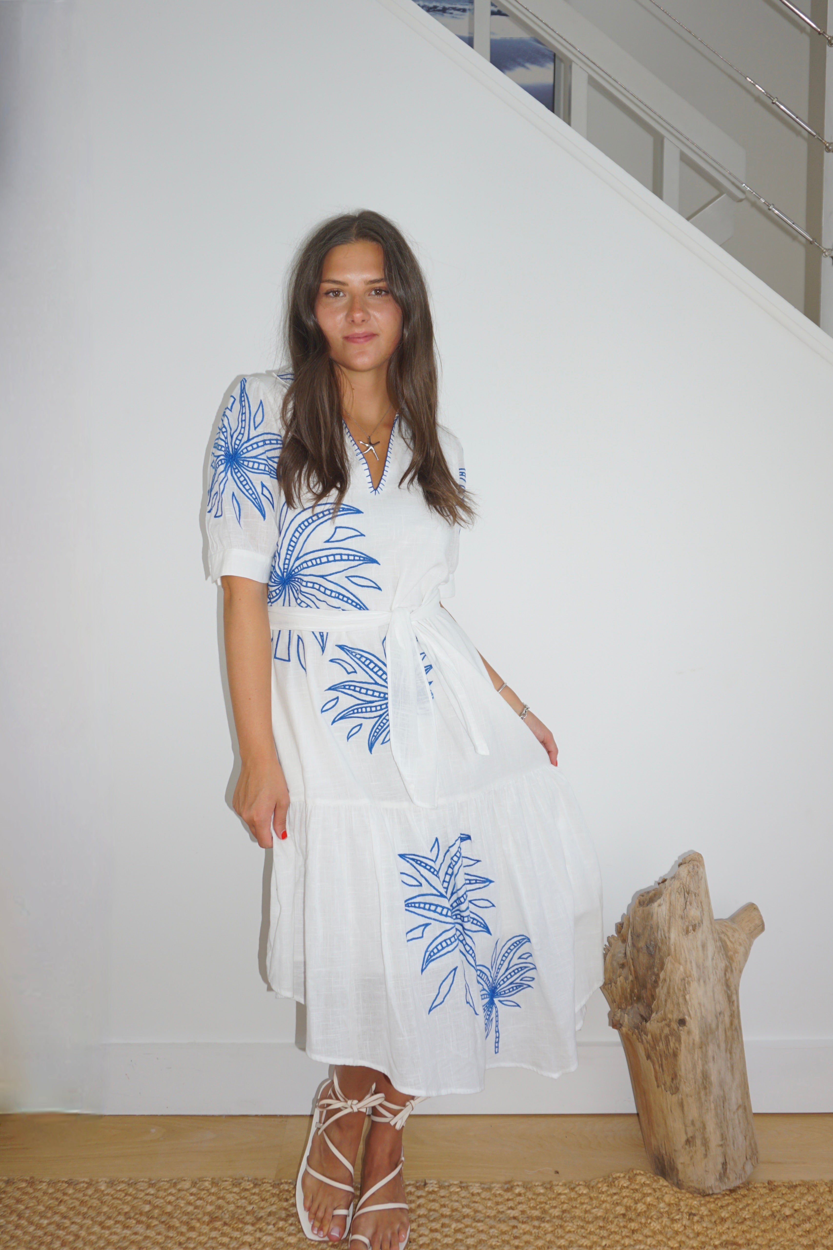 NIBI MTK Viola Asymmetrical Dress - Blue Abstract Palms