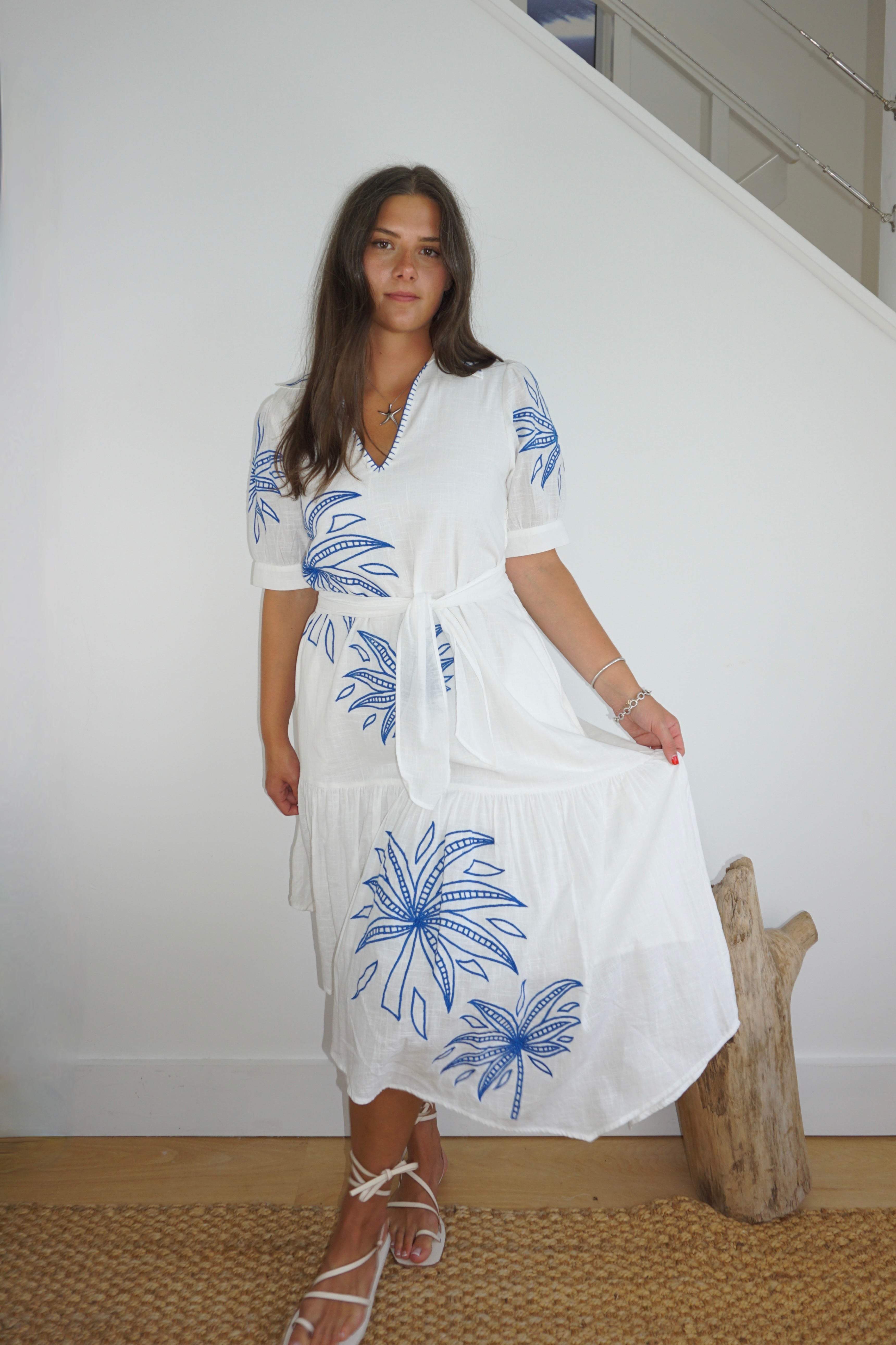 NIBI MTK Viola Asymmetrical Dress - Blue Abstract Palms