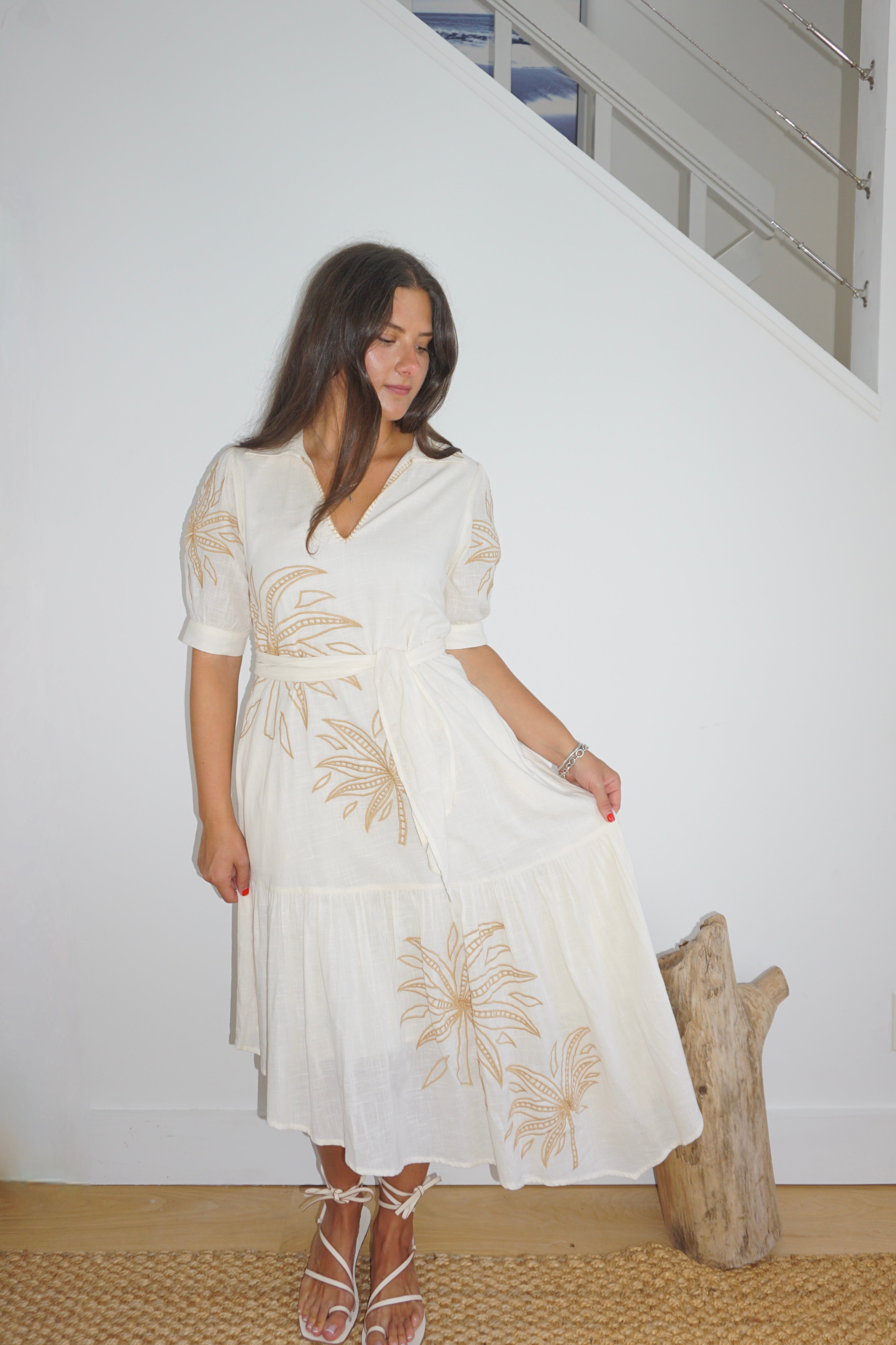 NIBI MTK Viola Asymmetrical Dress - Cream Abstract Palms