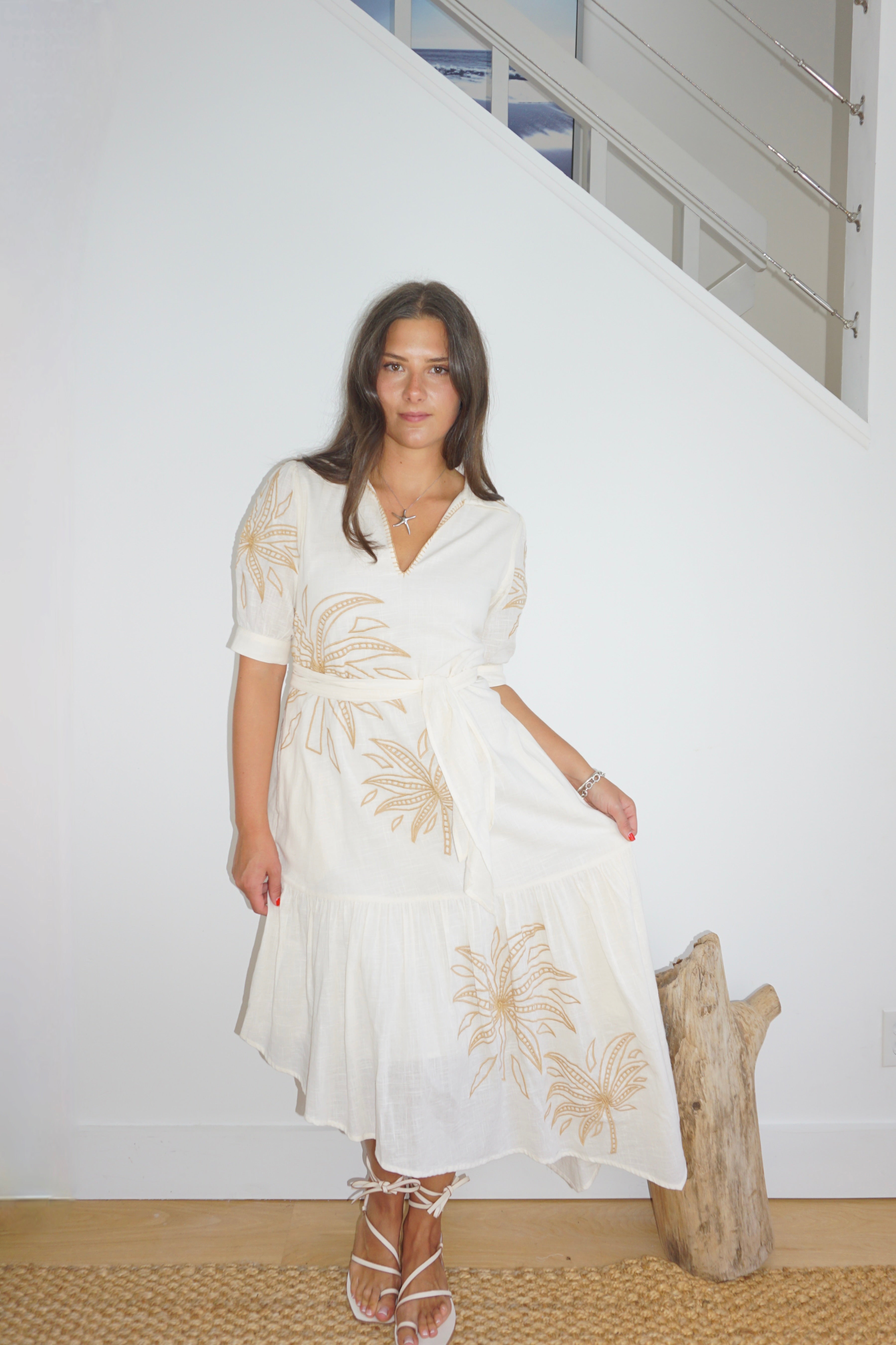 NIBI MTK Viola Asymmetrical Dress - Cream Abstract Palms