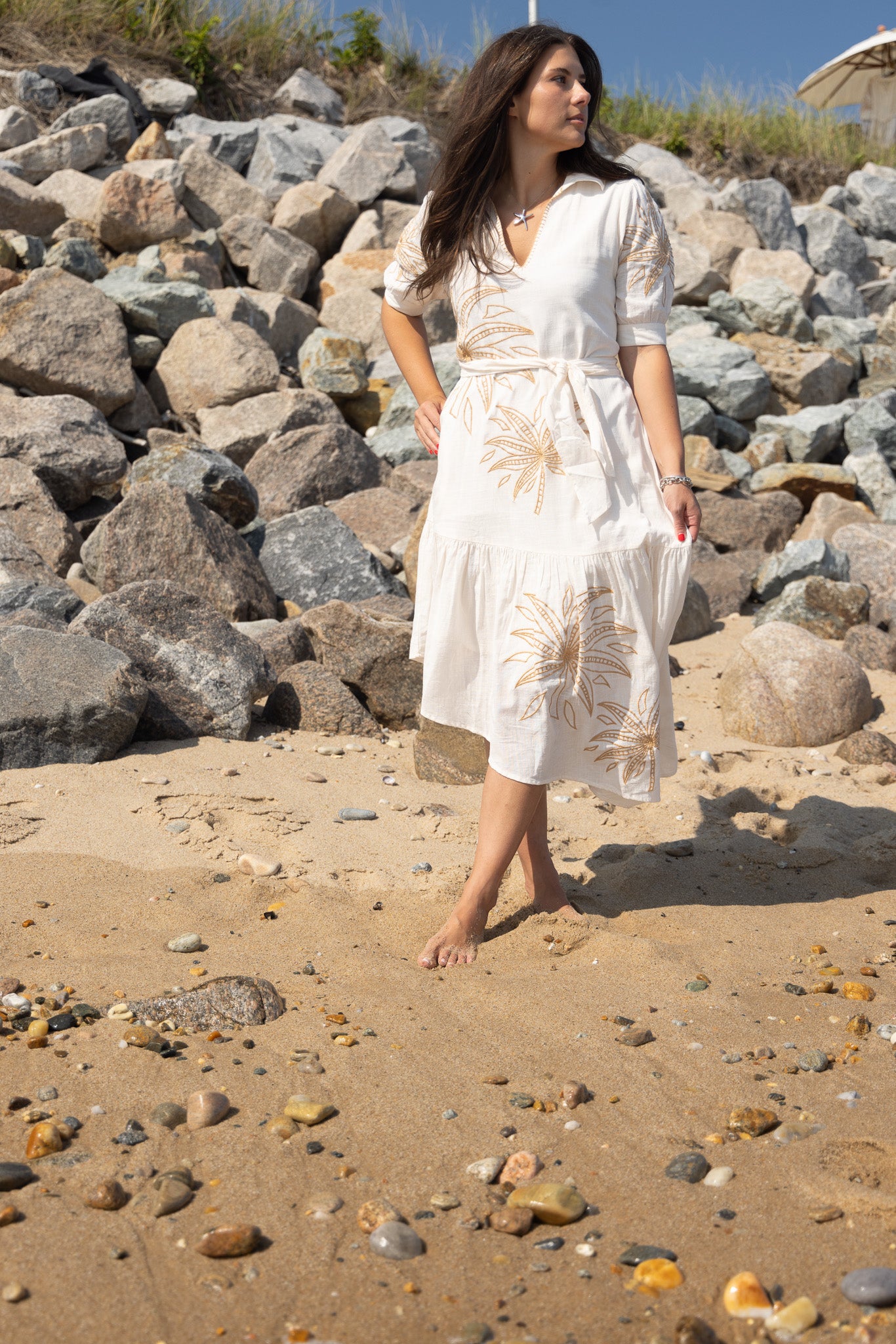 NIBI-MTK Viola Asymmetrical Dress - Cream Abstract Palms